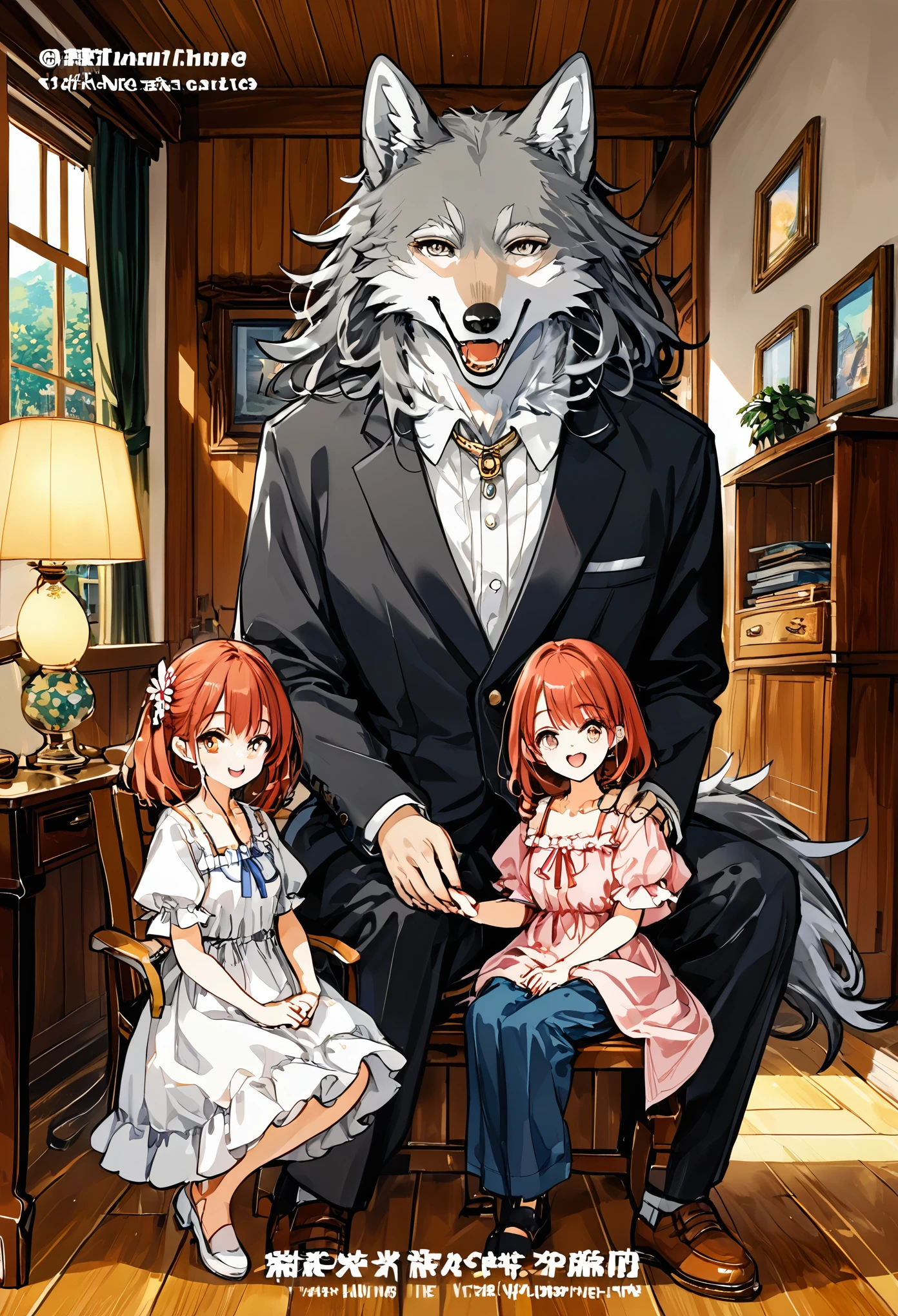 cover page, anime key visual, highres, top quality, best quality, paid reward available, High-quality illustrations, unparalleled masterpiece, perfect artwork, absurdres(home video, 1girl, husband of wolf)family, in house, in room, smile, happy, perfect anatomy, fan-created work shared on platforms Pixiv or Twitter, cinematic lighting,