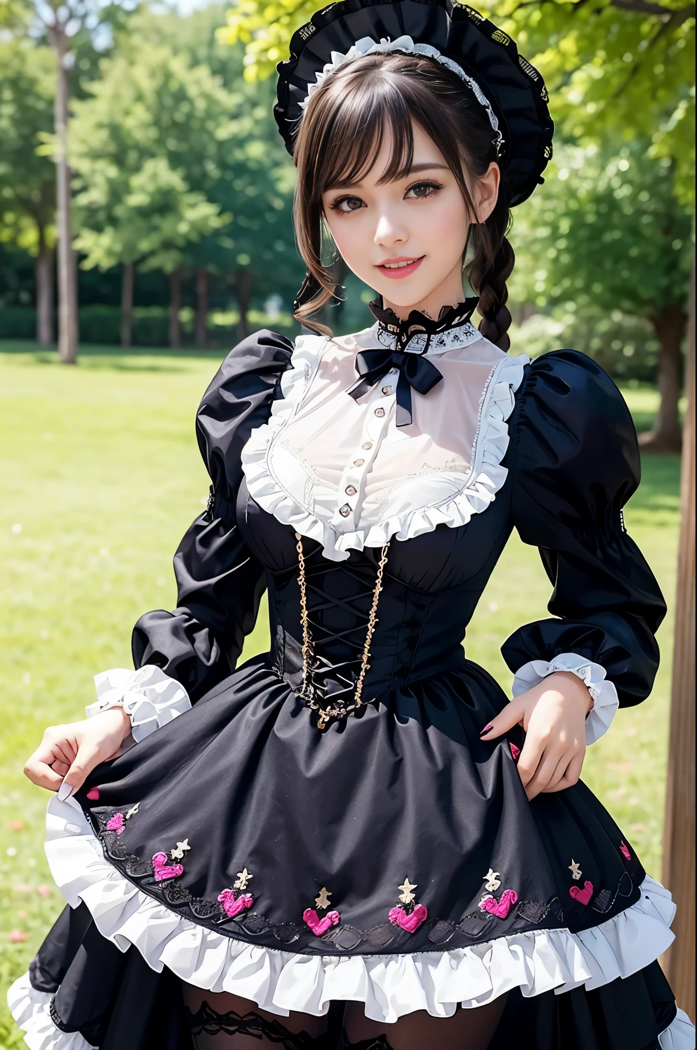 sexy stylish Spanish model, only 1 female, ((doll-like appearance)), long natural stylish hair, ((shiny Victorian-Style boots)), (big smile), ultra detailed eyes, very detailed eye makeup, lipgloss, long lashes, defined eyebrows, ((sexy Sweet Lolita cosplay)), bell-shaped skirt, petticoats, high neckline, puffed sleeves, ((ultra detailed lace)), ((ultra detailed embroidery)), intricate details, animals, fairy tales, heart-shaped bag, Sweet Lolita accessoires, large bow, Sweet Lolita choker, ((large sparkling Sweet Lolita jewelry)), cinematic light, detailed large park background with trees 