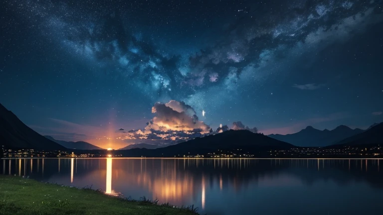 masterpiece, highest quality, High resolution,Anime Style、Bright night sky、lake