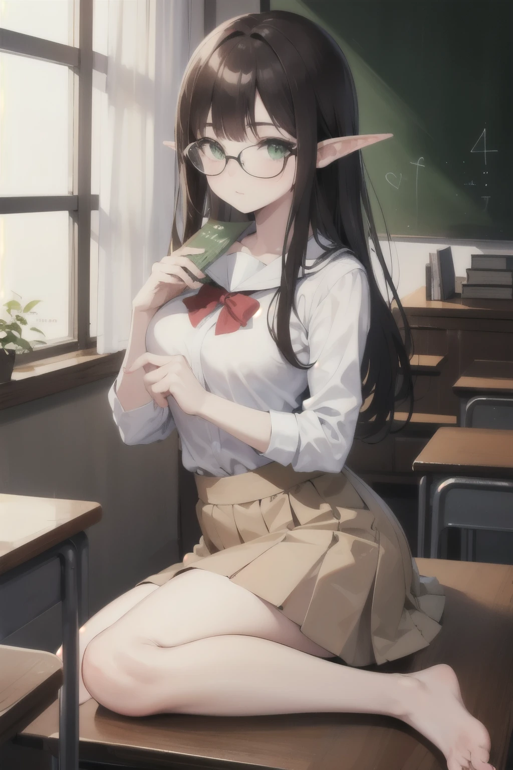 ((best quality)), ((masterpiece)), (detailed), perfect face, brown hair, long hair, elf ears, glasses, green eyes, teacher girl, in classroom, book in hand