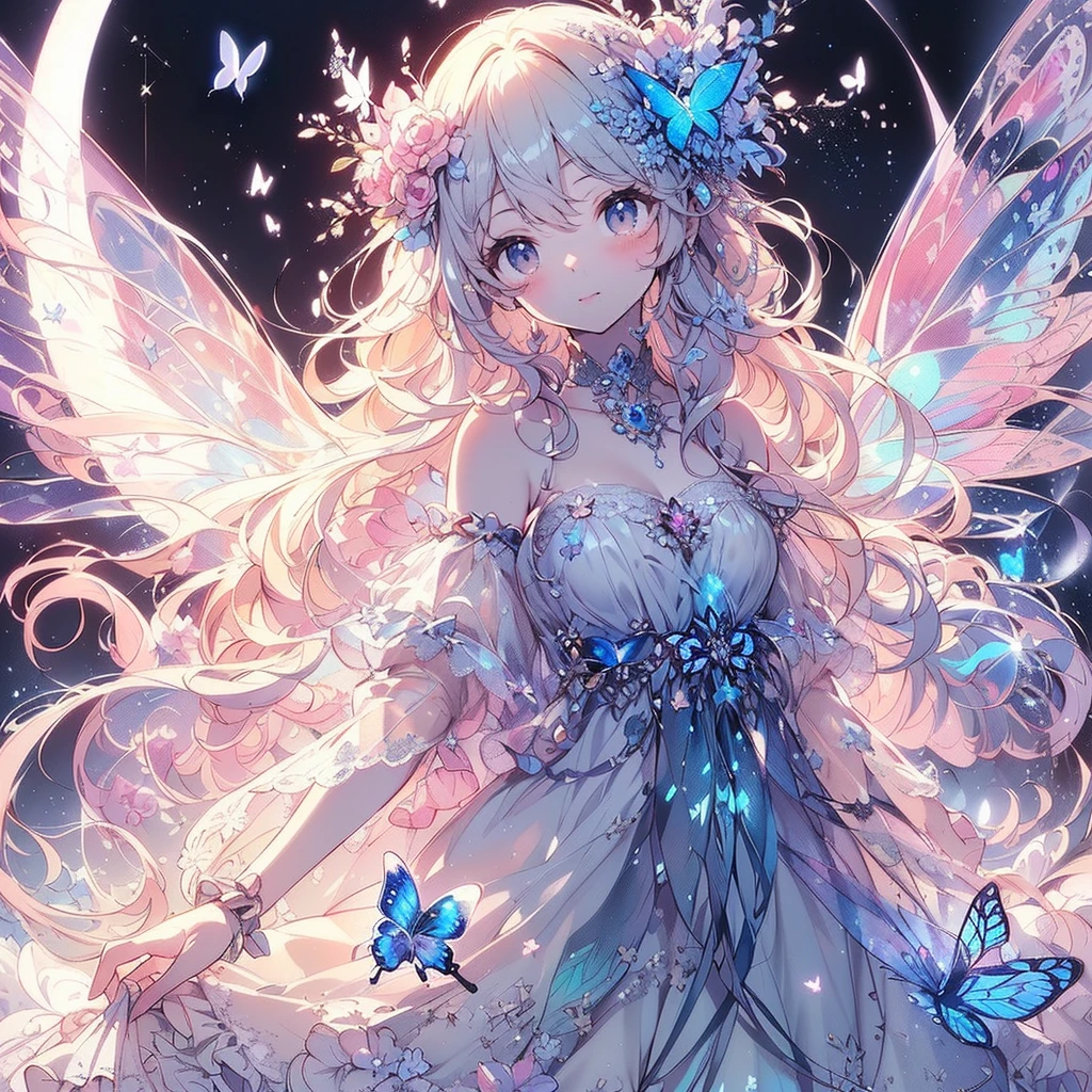 (Exquisite, beautiful, Very detailed, masterpiece, High resolution,high quality,High resolution),(Well-formed face,Soft and thin lines: 1.2, beautiful, Delicate and vivid illustrations with a mature and clear feel), In the middle of the night under the glittering crescent moon, a fairy princess with a clear, delicate, beautiful face and butterfly-like wings is flying happily through the moonlit sky., A vivid starry night with meteors and stars shining in the moonlight,From a little distance,tiara, Star Earrings, Star Necklace,Bracelet,ring,), ((A gorgeous ball gown dress with lots of frills and a moon motif.:1.1, Balloon sleeves, Jewels, ribbons, lace and frills, Butterfly-like fairy wings growing from her back:1.5)), (Adorable,A shy smile,Pale pink blush, Plump pink lips,Beautiful and clear eyes,Large Bust, Fair skin, Good style),Starry sky texture,Vibrant pastel colors,Dreamy and cute fantasy world,Whole body,Colored pencil art