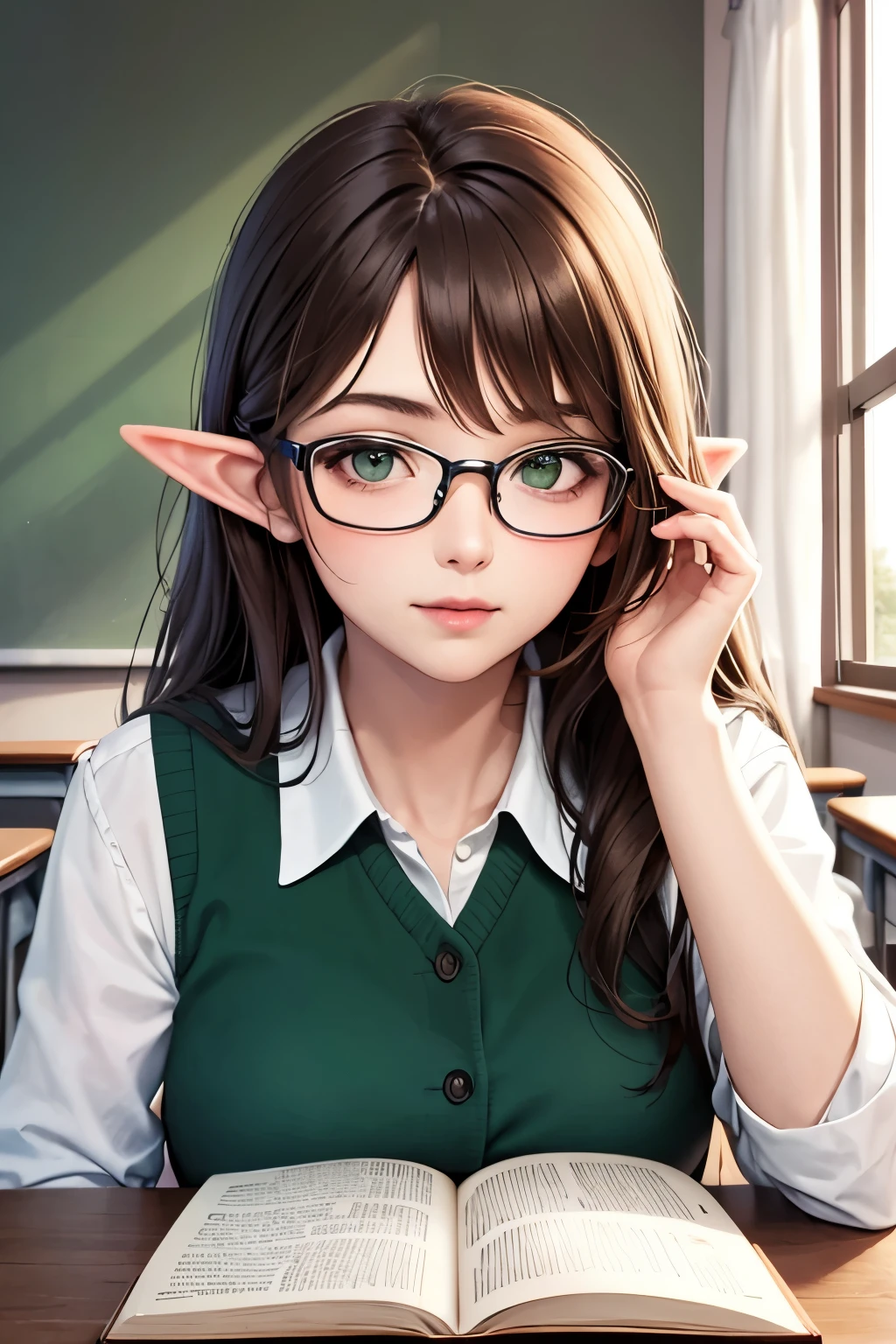 ((best quality)), ((masterpiece)), (detailed), perfect face, brown hair, long hair, elf ears, glasses, green eyes, teacher girl, in classroom, book in hand