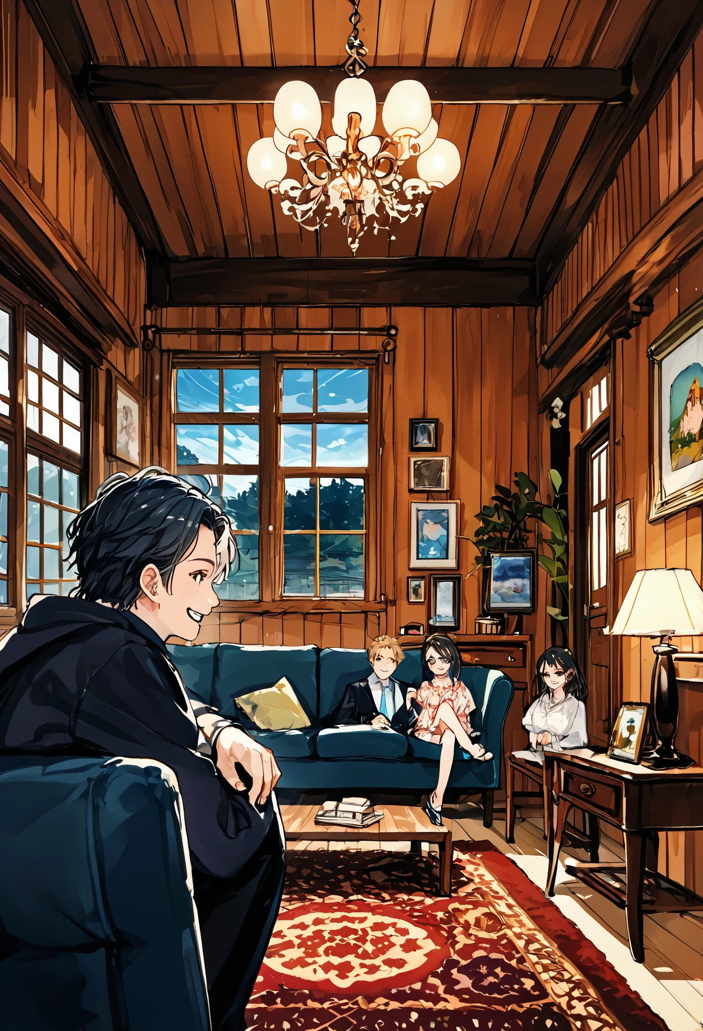 cover page, anime key visual, highres, top quality, best quality, paid reward available, High-quality illustrations, unparalleled masterpiece, perfect artwork, absurdres(home video, 1girl, husband of wolf)family, in house, in room, smile, happy, perfect anatomy, fan-created work shared on platforms Pixiv or Twitter, cinematic lighting,