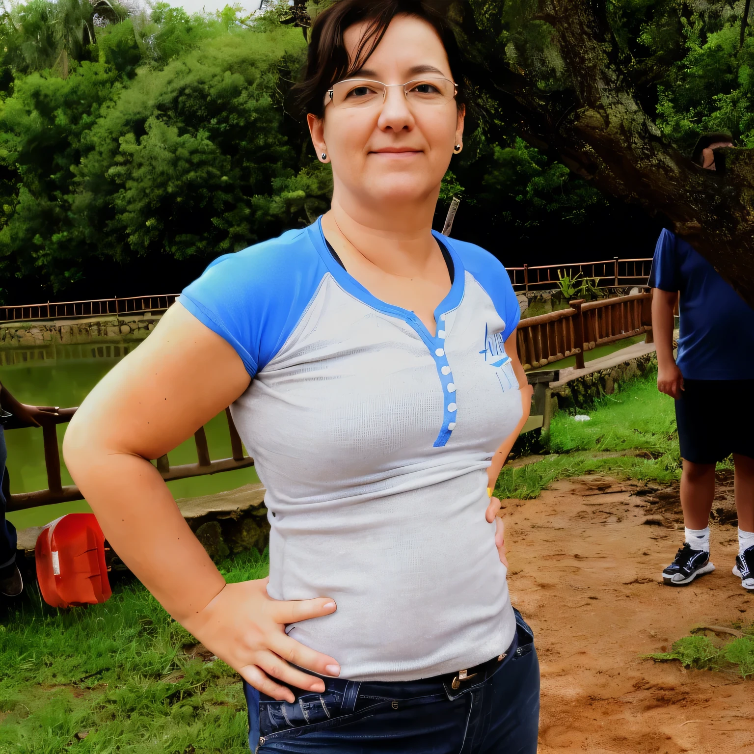 In the image, a beautiful Brazilian woman with white skin, short dark brown hair, standing in front of a tree, lagpo in the background, full body close-up. She is wearing a tight gray tank top with blue collars and denim shorts, an extremely provocative and sexy woman (((full body photo)))). Fitness woman, perfect arms, perfect body. She is around 40 years old, 162 cm tall and weighs 56 kg. Her body exudes glamor and her face is a definition of beauty. Slender body, thin waist. Highly realistic, hyperrealism, very elaborate skin, high quality photo. Sharp Photo, High Resolution, High Quality, Masterpiece, 16K Photo, Sharp Photo, High Contrast, Masterpiece, (Photographically Realistic), NUDE, NFSW.