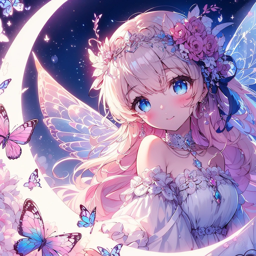 (Exquisite, beautiful, Very detailed, masterpiece, High resolution,high quality,High resolution),(Well-formed face,Soft and thin lines: 1.2, beautiful, Delicate and vivid illustrations with a mature and clear feel), In the middle of the night under the glittering crescent moon, a fairy princess with a clear, delicate, beautiful face and butterfly-like wings is flying happily through the moonlit sky., A vivid starry night with meteors and stars shining in the moonlight,From a little distance,tiara, Star Earrings, Star Necklace,Bracelet,ring,), ((A gorgeous ball gown dress with lots of frills and a moon motif.:1.1, Balloon sleeves, Jewels, ribbons, lace and frills, Butterfly-like fairy wings growing from her back:1.5)), (Adorable,A shy smile,Pale pink blush, Plump pink lips,Beautiful and clear eyes,Large Bust, Fair skin, Good style),Starry sky texture,Vibrant pastel colors,Dreamy and cute fantasy world,Whole body,Colored pencil art