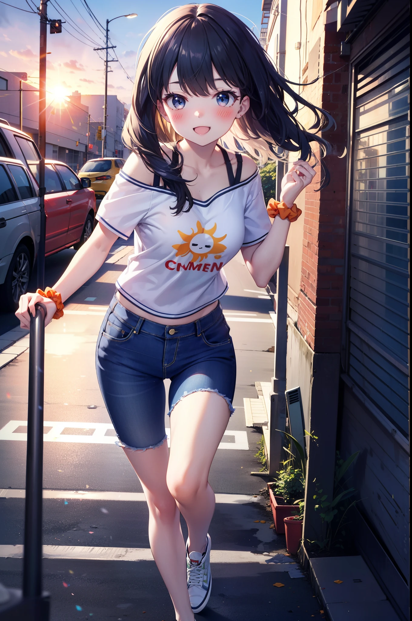 Rikka body, rikka takarada, Black Hair, blue eyes, Long Hair, orange Scrunchie, Scrunchie, wrist Scrunchie,happy smile, smile, Open your mouth,blush,hair band,Cord Off Shoulder Top,Short sleeve,Skinny denim pants,High Top Sneakers,morning,morning陽,The sun is rising,whole bodyがイラストに入るように,walk,
break looking at viewer, whole body,
break outdoors, city,construction area,
break (masterpiece:1.2), highest quality, High resolution, unity 8k wallpaper, (shape:0.8), (Beautiful details:1.6), Highly detailed face, Perfect lighting, Extremely detailed CG, (Perfect hands, Perfect Anatomy),
