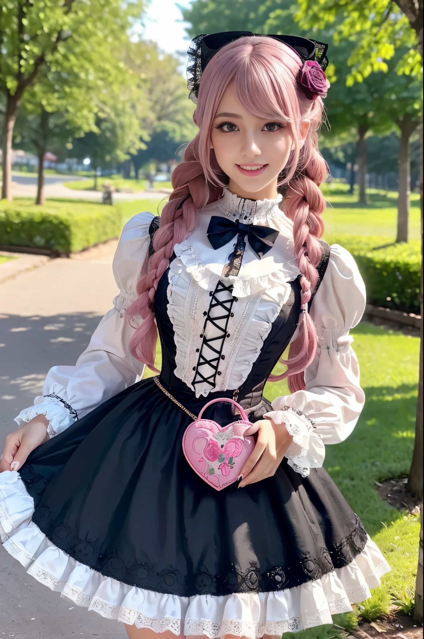 sexy stylish Brazilian model, only 1 female, ((doll-like appearance)), long neon pink stylish hair, ((very detailed Victorian-Style boots)), (big smile), ultra detailed eyes, very detailed eye makeup, lipgloss, long lashes, defined eyebrows, ((sexy Sweet Lolita cosplay)), bell-shaped skirt, petticoats, high neckline, puffed sleeves, ((ultra detailed lace)), ((ultra detailed embroidery)), intricate details, animals, fairy tales, heart-shaped bag, Sweet Lolita accessoires, large bow, Sweet Lolita choker, ((large sparkling Sweet Lolita jewelry)), cinematic light, detailed large park background with trees 