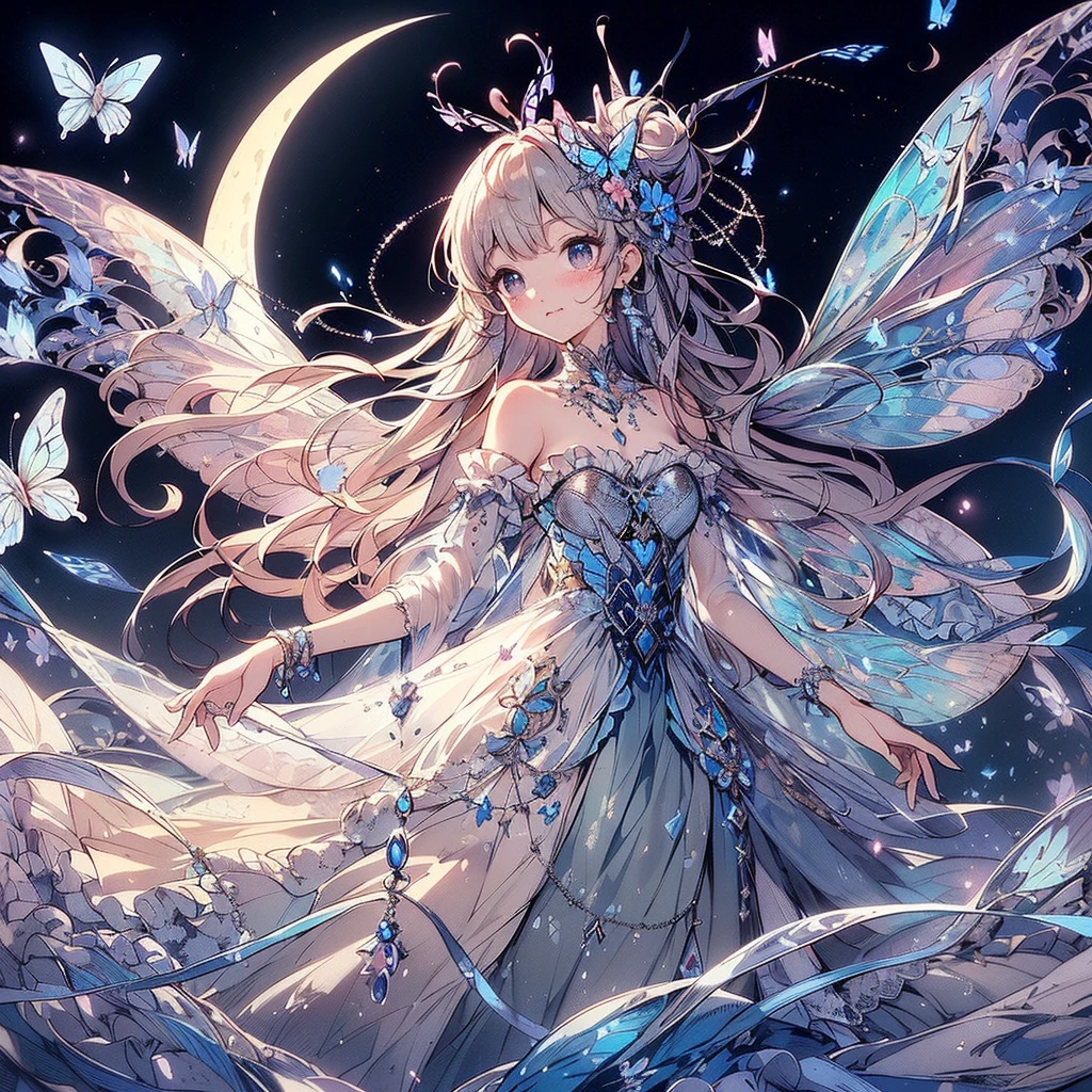 (Exquisite, beautiful, Very detailed, masterpiece, High resolution,high quality,High resolution),(Well-formed face,Soft and thin lines: 1.2, beautiful, Delicate and vivid illustrations with a mature and clear feel), In the middle of the night under the glittering crescent moon, a fairy princess with a clear, delicate, beautiful face and butterfly-like wings is flying happily through the moonlit sky., A vivid starry night with meteors and stars shining in the moonlight,From a little distance,tiara, Star Earrings, Star Necklace,Bracelet,ring,), ((A gorgeous ball gown dress with lots of frills and a moon motif.:1.1, Balloon sleeves, Jewels, ribbons, lace and frills, Butterfly-like fairy wings growing from her back:1.5)), (Adorable,A shy smile,Pale pink blush, Plump pink lips,Beautiful and clear eyes,Large Bust, Fair skin, Good style),Starry sky texture,Vibrant pastel colors,Dreamy and cute fantasy world,Whole body,Colored pencil art