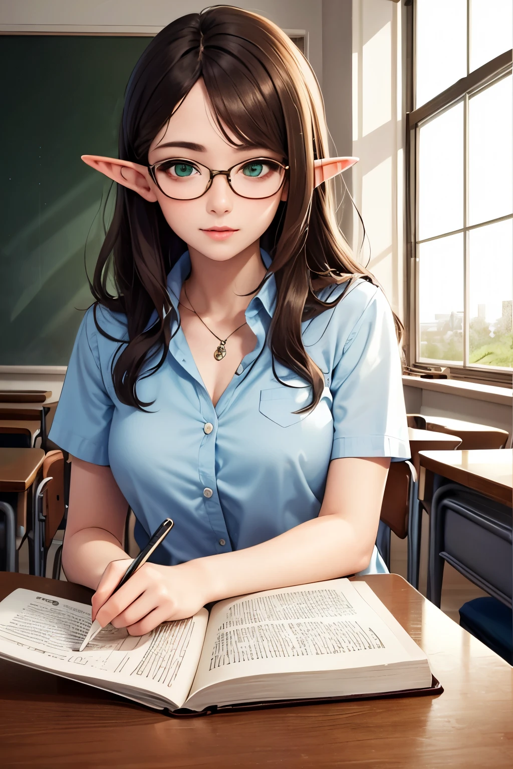 ((best quality)), ((masterpiece)), (detailed), perfect face, brown hair, long hair, elf ears, glasses, green eyes, teacher girl, in classroom, book in hand
