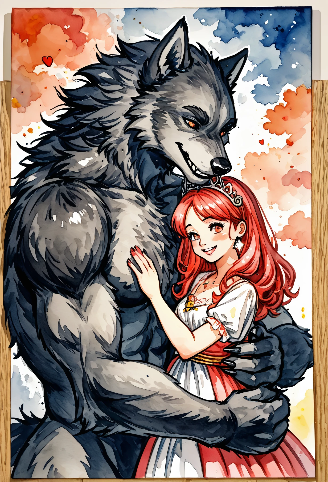 watercolor, soft color, Vintage images, highres, unparalleled masterpiece, absurdres, love story of human girl and giant Werewolf, love romance, The princess and the prince, family photograph, pair, Height difference, Physical difference, perfect anatomy, smile, joyful, play with, smile, happy, watercolor,