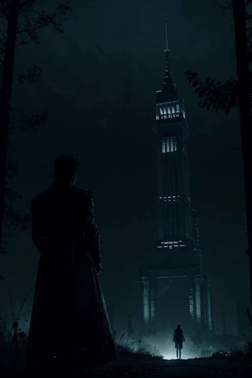 Design a banner for a YouTube channel called "Machine Fables". La escena principal debe ser un paisaje nocturno oscuro y misterioso, like a dark forest or a deserted city with neon lights off. Coloca el texto "Machine Fables" en letras estilizadas y brillantes en el centro o ligeramente a un lado. Add silhouettes of ghostly characters or ethereal figures to hint at stories of horror and love. Keep the style dark and enigmatic, with highlights that highlight the channel title.