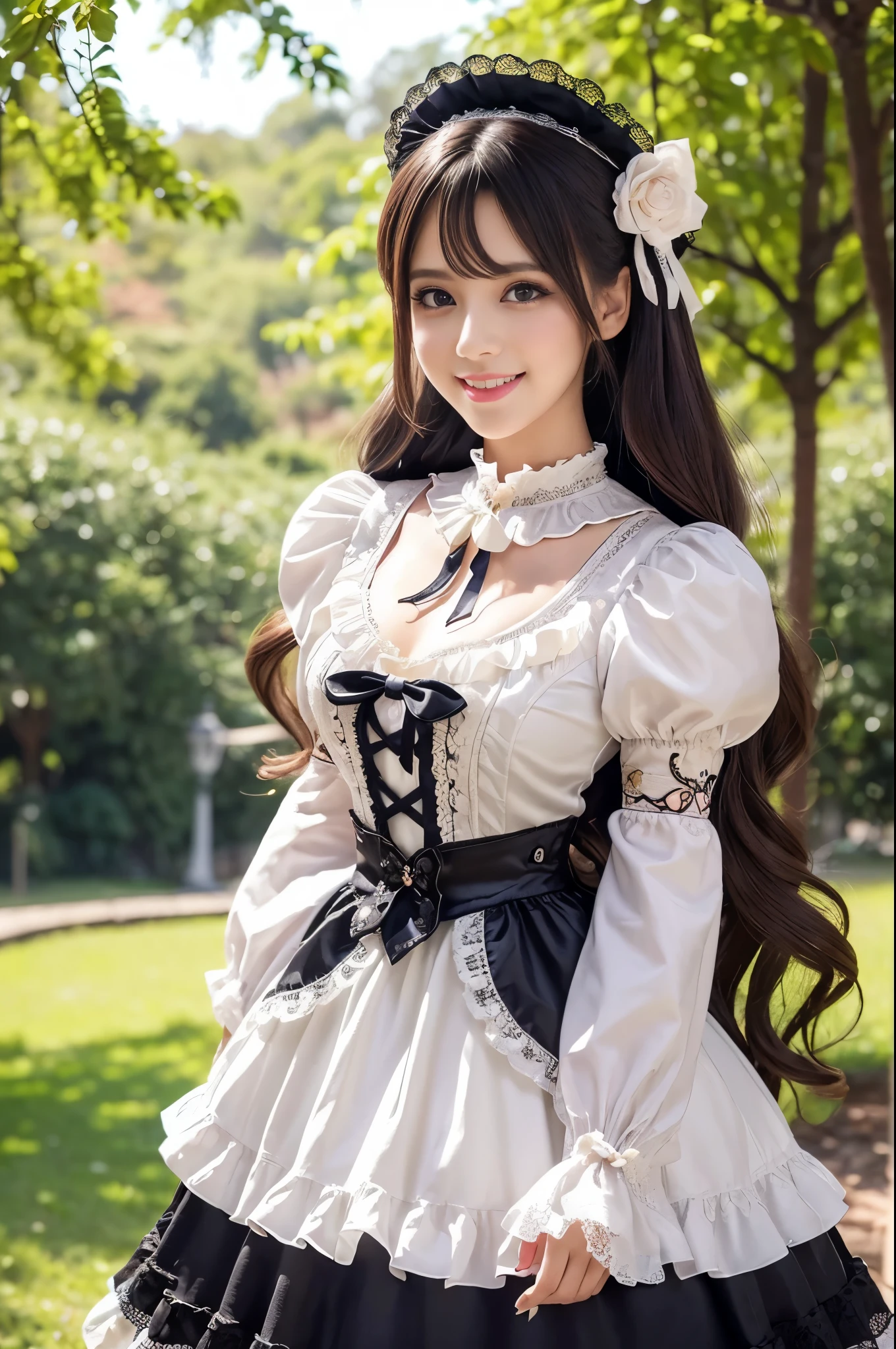 sexy stylish Brazilian model, only 1 female, ((doll-like appearance)), long natural stylish hair, ((very detailed Victorian-Style boots)), (big smile), ultra detailed eyes, very detailed eye makeup, lipgloss, long lashes, defined eyebrows, ((sexy Sweet Lolita cosplay)), bell-shaped skirt, petticoats, high neckline, puffed sleeves, ((ultra detailed lace)), ((ultra detailed embroidery)), intricate details, animals, fairy tales, heart-shaped bag, Sweet Lolita accessoires, large bow, Sweet Lolita choker, ((large sparkling Sweet Lolita jewelry)), cinematic light, detailed large park background with trees