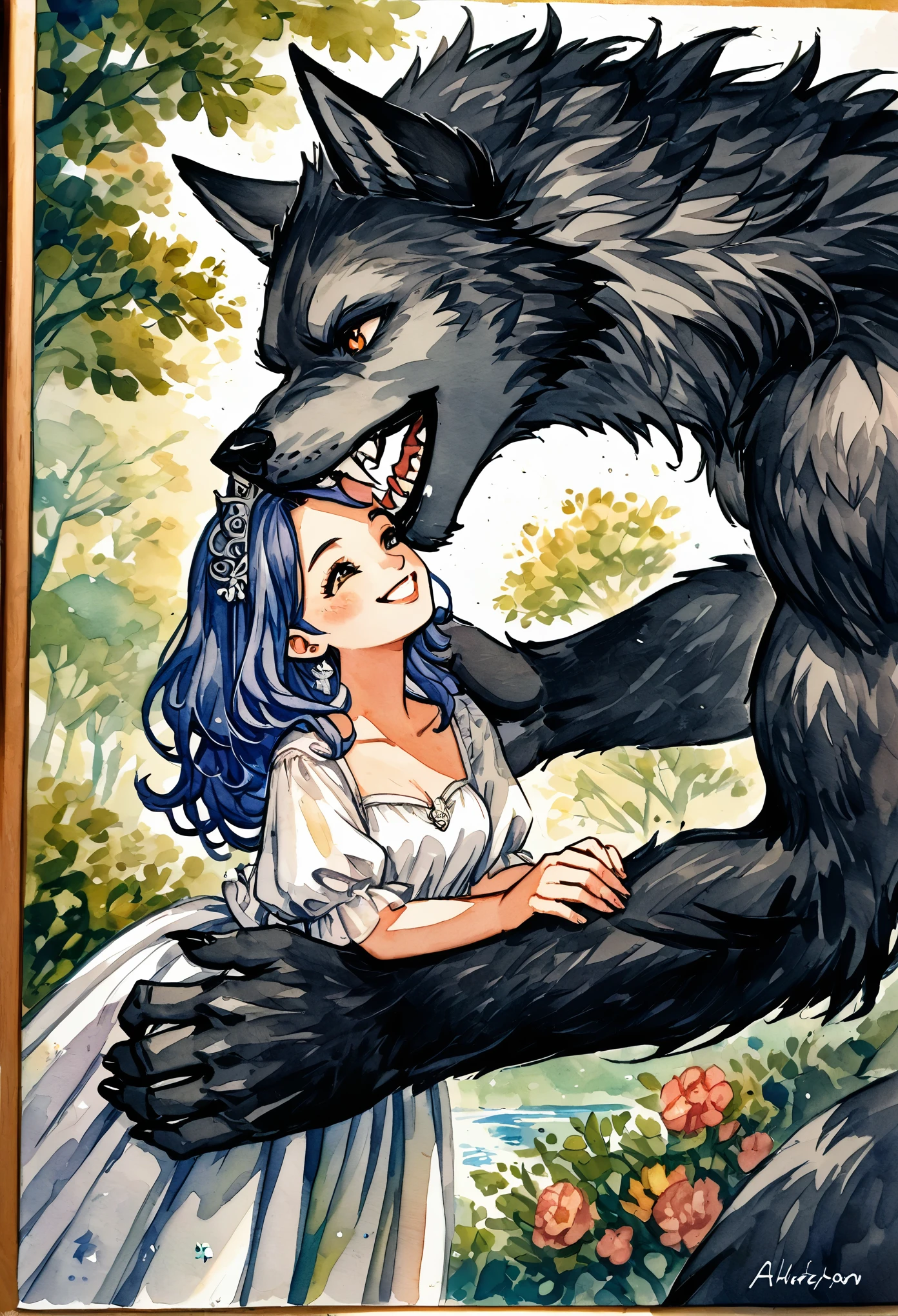 watercolor, soft color, Vintage images, highres, unparalleled masterpiece, absurdres, love story of human girl and giant Werewolf, love romance, The princess and the prince, family photograph, pair, Height difference, Physical difference, perfect anatomy, smile, joyful, play with, smile, happy, watercolor,