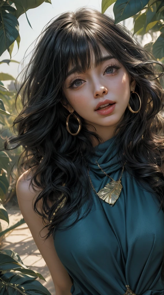 (RAW Photo, Best Quality), (Realistic, Realistic: 1.3), Best Quality, Highly Detailed, Masterpiece, Hyper Detail, Illustration, 1 Girl, upper_body, Dynamic Angle, World Mastery Theater, messy_long_hair, Best Quality, Extremely Detailed CG Uniform 8k Wallpaper, Ink, Breathtaking, Cinematic Light, lens_flare, gufeng_style, Fantastic Big Eyes, blue Clothes, (Heavy makeup: 1.2), exotic, desert, (laughs: 1.2), (gold leaf), monstera, bamboo, scarf floats up, Sony main shot