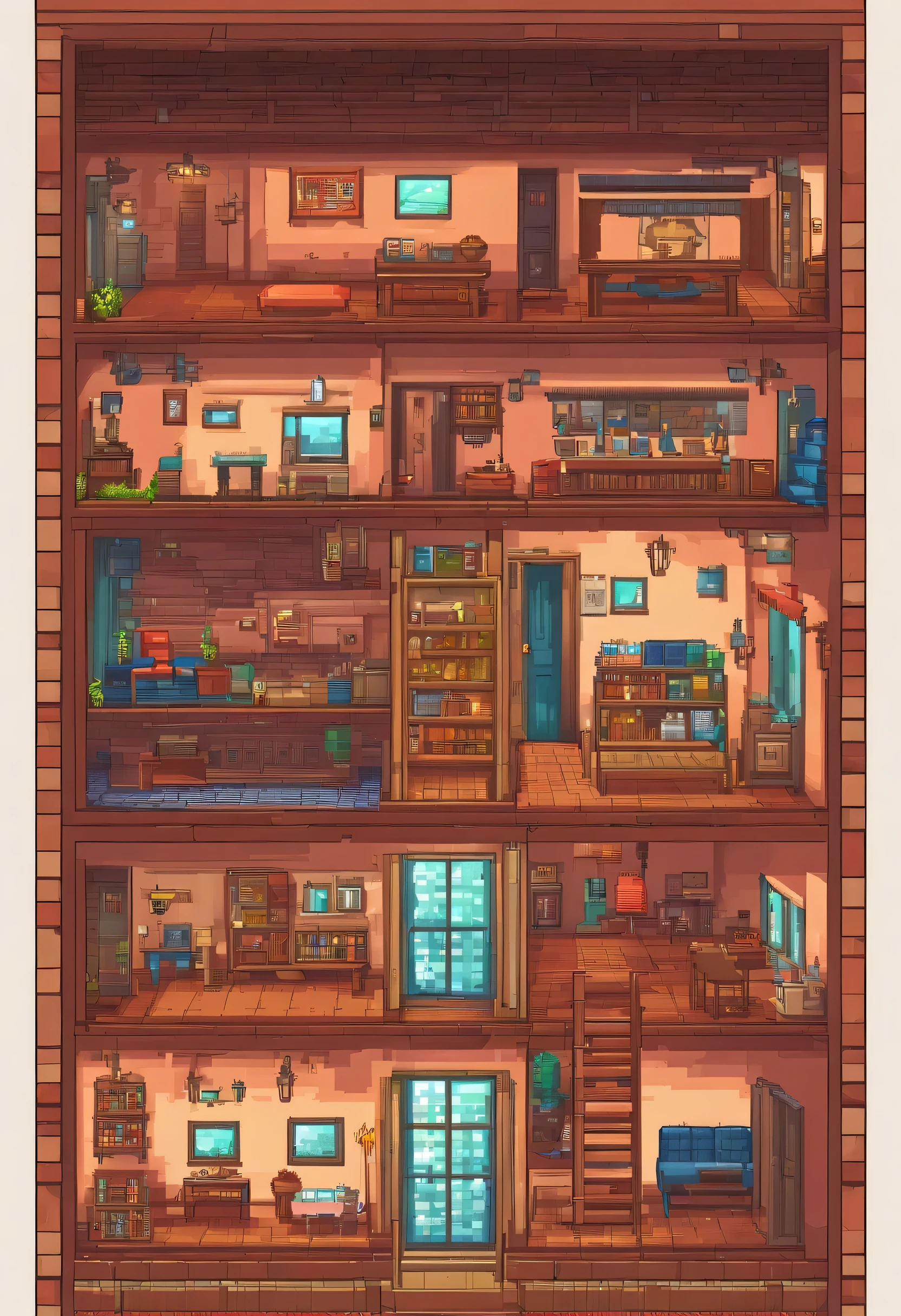 Cross-section of a hostel with evenly-spaced rooms,A world of swords and magic