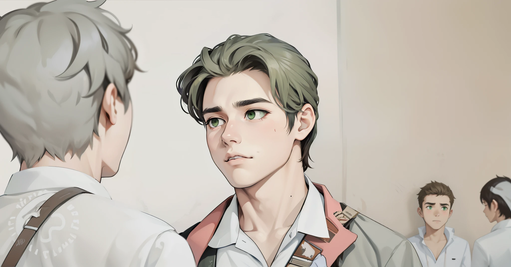 17 years old, they are in school, their hair is dark brown, their green eyes are sad.
