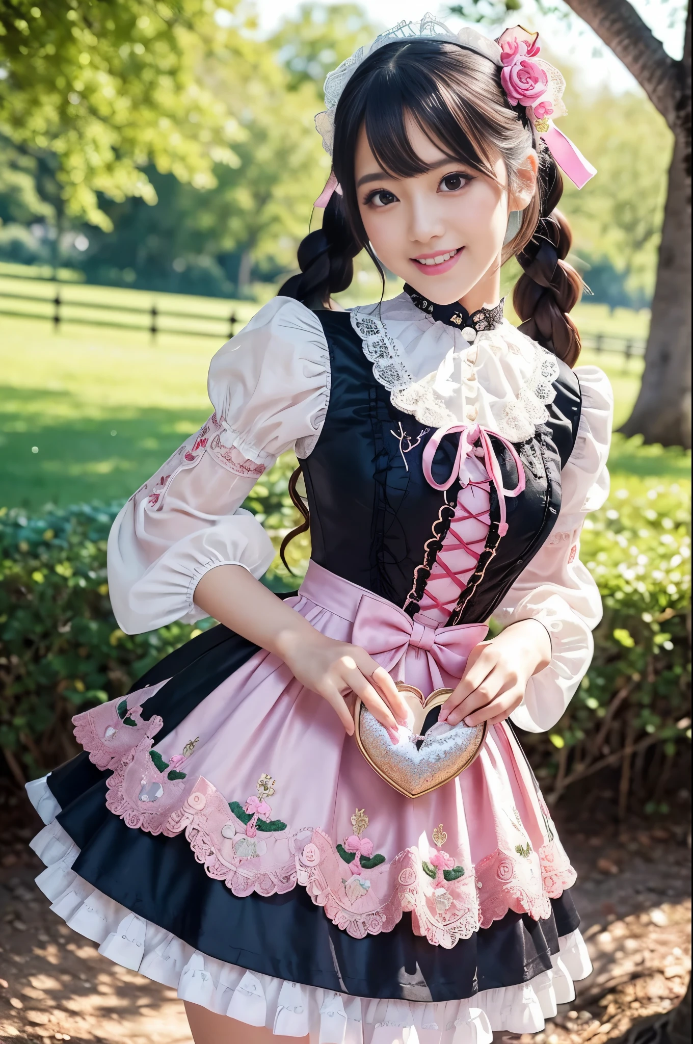 sexy stylish Thai model, only 1 female, ((doll-like appearance)), long neon pink stylish hair, ((very detailed Victorian-Style boots)), (big smile), ultra detailed eyes, very detailed eye makeup, lipgloss, long lashes, defined eyebrows, ((sexy Sweet Lolita cosplay)), bell-shaped skirt, petticoats, high neckline, puffed sleeves, ((ultra detailed lace)), ((ultra detailed embroidery)), intricate details, animals, fairy tales, heart-shaped bag, Sweet Lolita accessoires, large bow, Sweet Lolita choker, ((large sparkling Sweet Lolita jewelry)), cinematic light, detailed large park background with trees