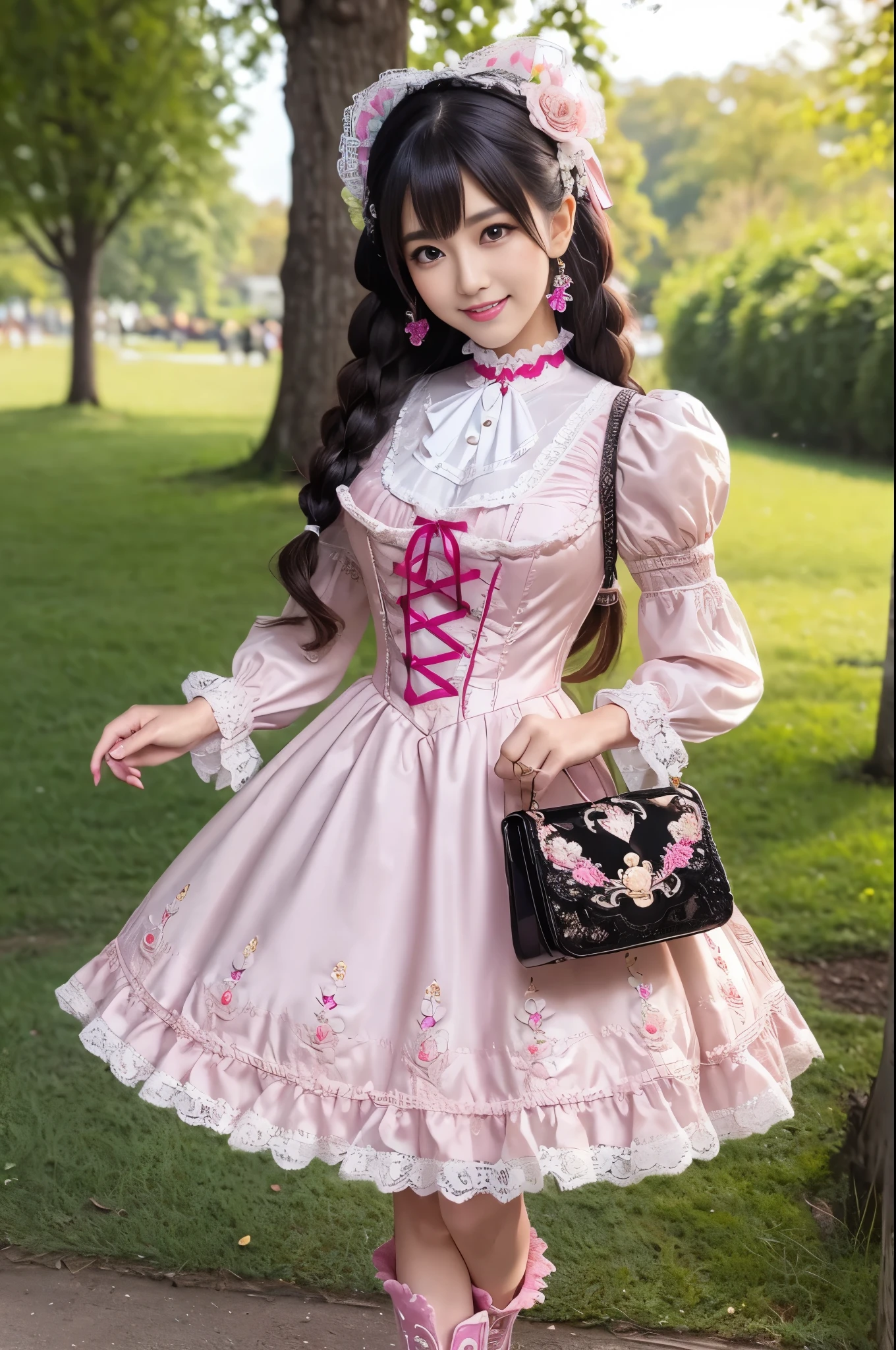 sexy stylish Thai model, only 1 female, ((doll-like appearance)), long neon pink stylish hair, ((very detailed Victorian-Style boots)), (big smile), ultra detailed eyes, very detailed eye makeup, lipgloss, long lashes, defined eyebrows, ((sexy Sweet Lolita cosplay)), bell-shaped skirt, petticoats, high neckline, puffed sleeves, ((ultra detailed lace)), ((ultra detailed embroidery)), intricate details, animals, fairy tales, heart-shaped bag, Sweet Lolita accessoires, large bow, Sweet Lolita choker, ((large sparkling Sweet Lolita jewelry)), cinematic light, detailed large park background with trees 