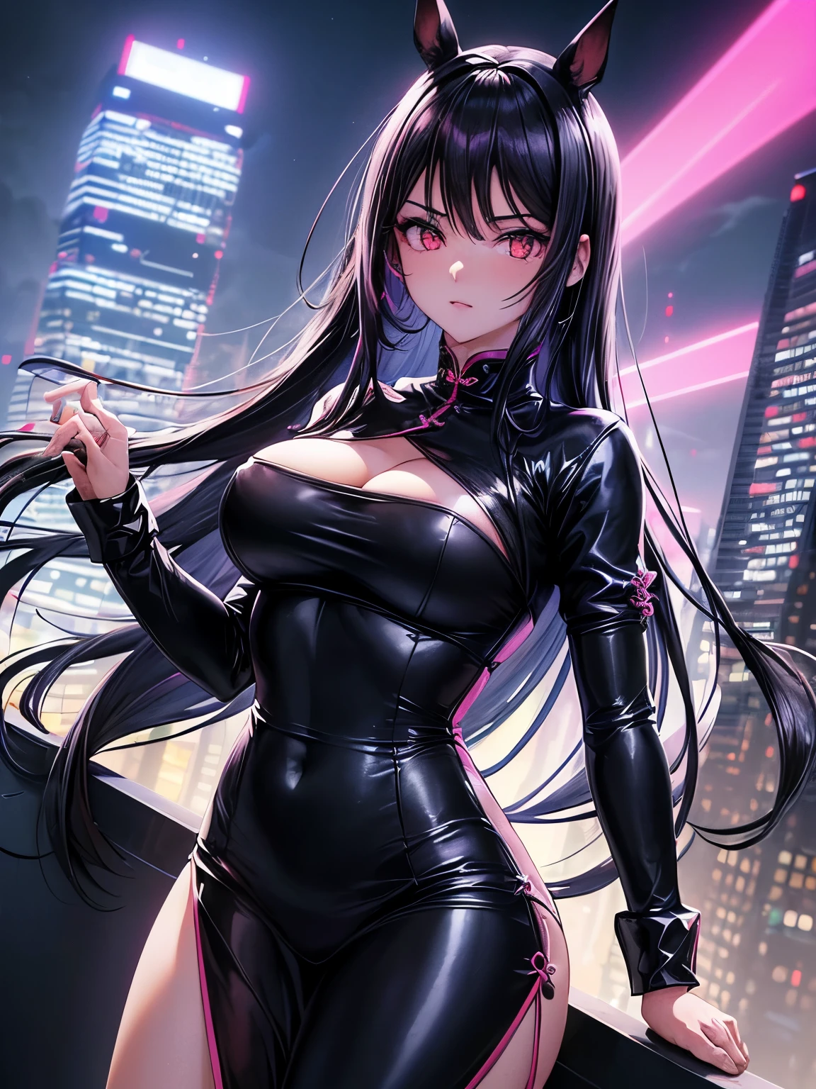 anime, (obra de arte, melhor qualidade, ultra-detalhado, Alto contraste), 1 mulher (sozinho, corpo todo, corpo plus size, standing on the edge of the skyscraper, cabelo prateado, LONGO em um rabo de cavalo, olhos vermelhos, olhos perfeitos brilhos de rubi, (qipao preto simples, black cybernetics with neon pink), Meias pretas transparentes), (skyscraper roof, com vista para uma cidade, fundo detalhado ((Night time, darkness, low light pollution)))