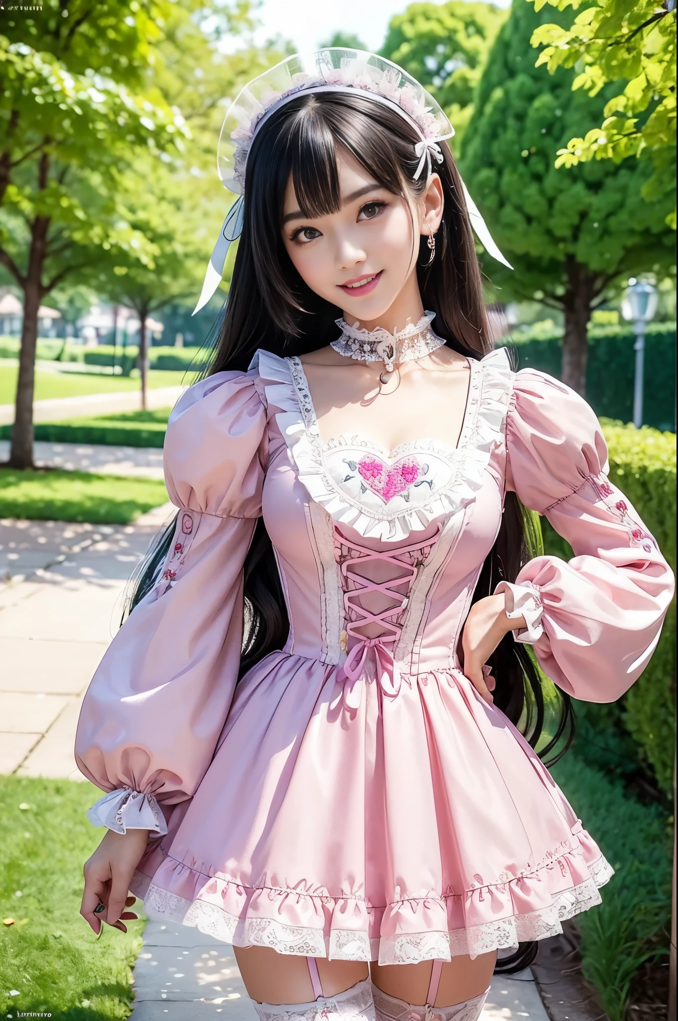 sexy stylish Thai model, only 1 female, ((doll-like appearance)), long neon pink stylish hair, ((very detailed Victorian-Style boots)), (big smile), ultra detailed eyes, very detailed eye makeup, lipgloss, long lashes, defined eyebrows, ((sexy Sweet Lolita cosplay)), bell-shaped skirt, petticoats, high neckline, puffed sleeves, ((ultra detailed lace)), ((ultra detailed embroidery)), intricate details, animals, fairy tales, heart-shaped bag, Sweet Lolita accessoires, large bow, Sweet Lolita choker, ((large sparkling Sweet Lolita jewelry)), cinematic light, detailed large park background with trees