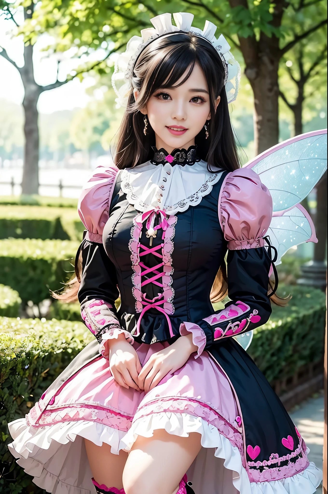 sexy stylish Thai model, only 1 female, ((doll-like appearance)), long neon pink stylish hair, ((very detailed Victorian-Style boots)), (big smile), ultra detailed eyes, very detailed eye makeup, lipgloss, long lashes, defined eyebrows, ((sexy Sweet Lolita cosplay)), bell-shaped skirt, petticoats, high neckline, puffed sleeves, ((ultra detailed lace)), ((ultra detailed embroidery)), intricate details, animals, fairy tales, heart-shaped bag, Sweet Lolita accessoires, large bow, Sweet Lolita choker, ((large sparkling Sweet Lolita jewelry)), cinematic light, detailed large park background with trees 