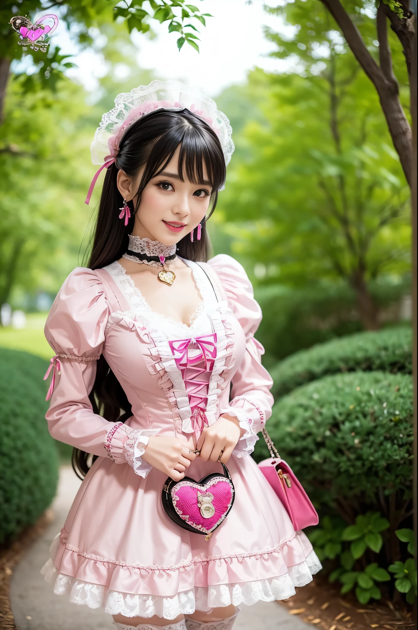 sexy stylish Thai model, only 1 female, ((doll-like appearance)), long neon pink stylish hair, ((very detailed Victorian-Style boots)), (big smile), ultra detailed eyes, very detailed eye makeup, lipgloss, long lashes, defined eyebrows, ((sexy Sweet Lolita cosplay)), bell-shaped skirt, petticoats, high neckline, puffed sleeves, ((ultra detailed lace)), ((ultra detailed embroidery)), intricate details, animals, fairy tales, heart-shaped bag, Sweet Lolita accessoires, large bow, Sweet Lolita choker, ((large sparkling Sweet Lolita jewelry)), cinematic light, detailed large park background with trees