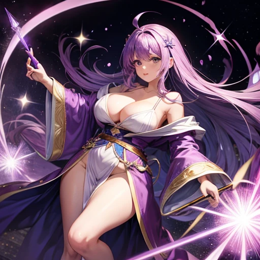 Purple haired woman in a robe　Has a giant magic wand　Spread your legs