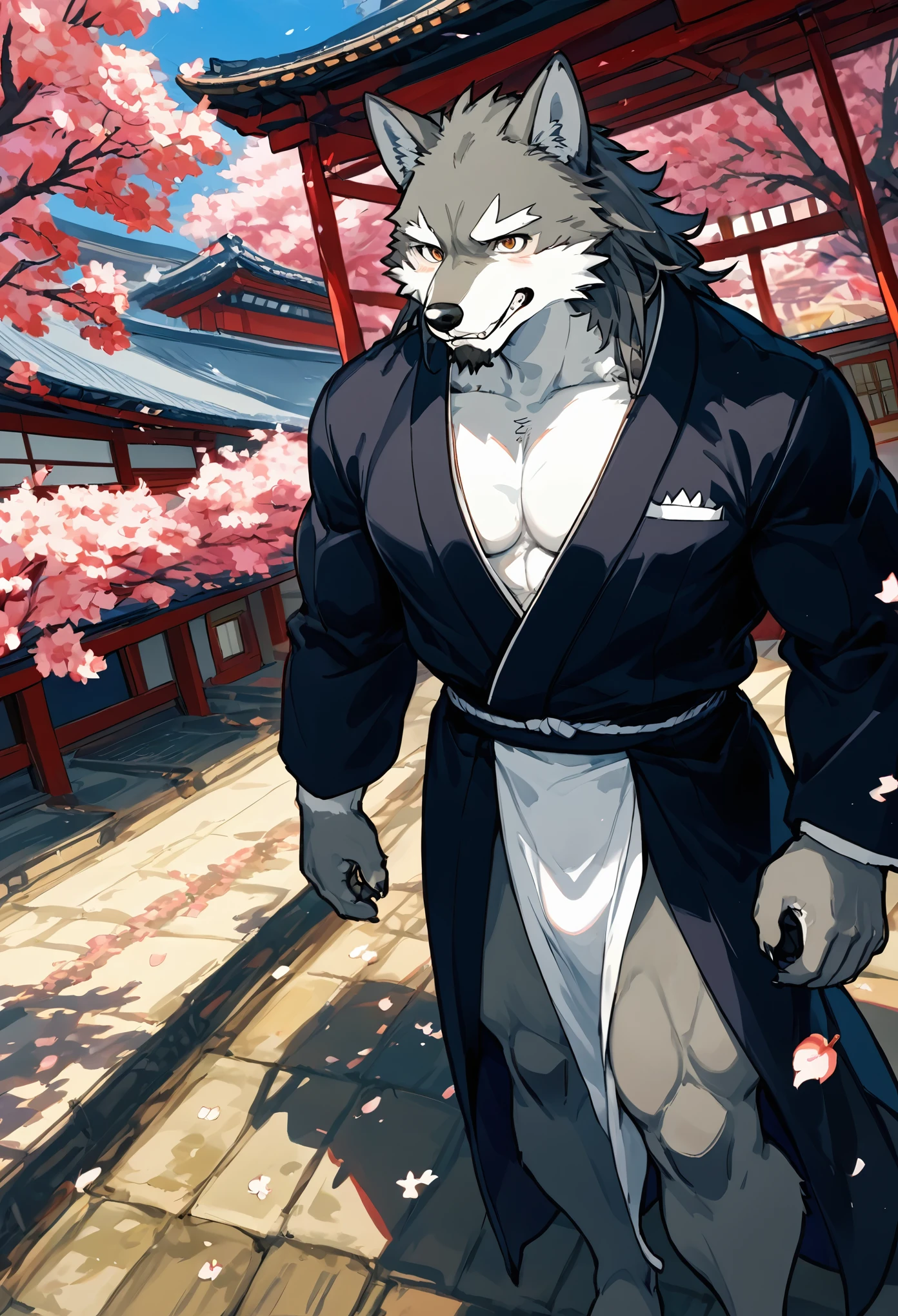 masterpiece,best quality, from high angle,kemono, anthro (wolf), male, (wolf), beard,middle-aged, gray body,white belly,muscular,japanese traditional clothes, white (fundoshi),((open) black formal kimono),,japanese building,look up to the sky,majestic,brutal,confident,strong,cherry blossoms, sakura blossoms leaves, outdoors, dynamic angle,depth of field,delicate canine tooth,correct anatomy, correct hand,,hd, dim ,dark,dark shadows, light against dark,cinematic, dramatic light,wide dynamic range, hdr, low light:1.2, by Pino Daeni, (by ruaidri), by virtyalfobo