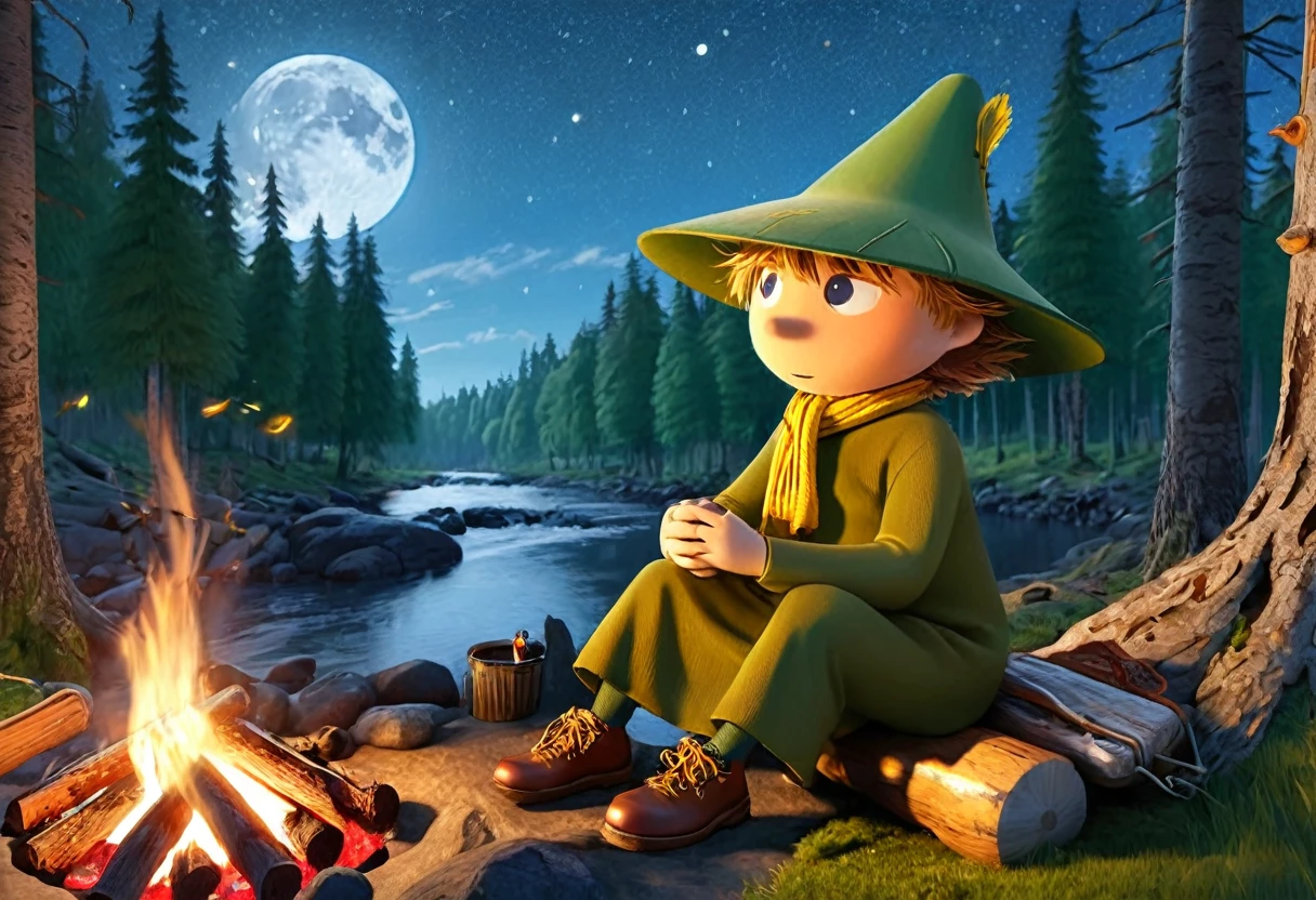 (solo:1.6),1male\((snufkin\(moomin\):1.5),boots,half-closed eyes,blown hair,yellow scarf,slight smile,hat,wing at hat,classic pipe,camping at forest,fishing,sitting,looking down,looking away,campfire\), BREAK ,background\(night,dark,at forest,river,campfire,many hattifattener\(moomin\)),cosmic,space,small spaceship\), BREAK ,quality\(8k,wallpaper of extremely detailed CG unit, ​masterpiece,hight resolution,top-quality,top-quality real texture skin,hyper realisitic,increase the resolution,RAW photos,best qualtiy,highly detailed,the wallpaper,cinematic lighting,ray trace,golden ratio\),(landscape:1.5),(long shot:1.5),anime style,(Tove Jansson style:1.5)