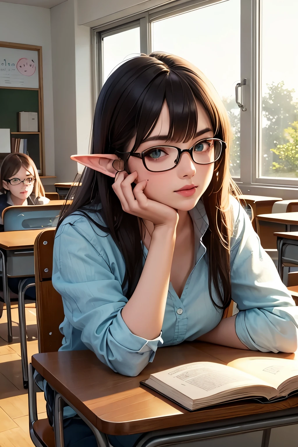 ((best quality)), ((masterpiece)), (detailed), perfect face, brown hair, long hair, elf ears, glasses, green eyes, teacher, in classroom, book in hand