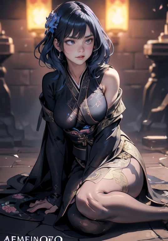 neon light, a beautiful girl wearing intricate detailed black kimono holding an iridescence glowing katana, made of liquid metal, in a fantasy art style, with long dark blue hair, sitting on the ground covered in bioluminescence floral, with a highly detailed face and beautiful eyes in the style of WLOP and Krenz Cushart, Artgerm, j.c leyendecker, Greg Rutkowski, Alphonse Mucha, with a hyper realistic, cinematic lighting