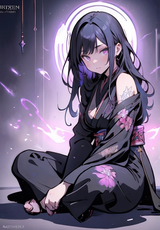 neon light, a beautiful girl wearing intricate detailed black kimono holding an iridescence glowing katana, made of liquid metal, in a fantasy art style, with long dark blue hair, sitting on the ground covered in bioluminescence floral, with a highly detailed face and beautiful eyes in the style of WLOP and Krenz Cushart, Artgerm, j.c leyendecker, Greg Rutkowski, Alphonse Mucha, with a hyper realistic, cinematic lighting