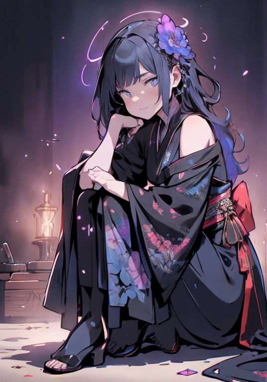 neon light, a beautiful girl wearing intricate detailed black kimono holding an iridescence glowing katana, made of liquid metal, in a fantasy art style, with long dark blue hair, sitting on the ground covered in bioluminescence floral, with a highly detailed face and beautiful eyes in the style of WLOP and Krenz Cushart, Artgerm, j.c leyendecker, Greg Rutkowski, Alphonse Mucha, with a hyper realistic, cinematic lighting