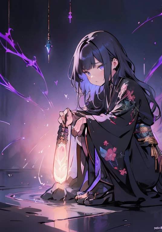 neon light, a beautiful girl wearing intricate detailed black kimono holding an iridescence glowing katana, made of liquid metal, in a fantasy art style, with long dark blue hair, sitting on the ground covered in bioluminescence floral, with a highly detailed face and beautiful eyes in the style of WLOP and Krenz Cushart, Artgerm, j.c leyendecker, Greg Rutkowski, Alphonse Mucha, with a hyper realistic, cinematic lighting