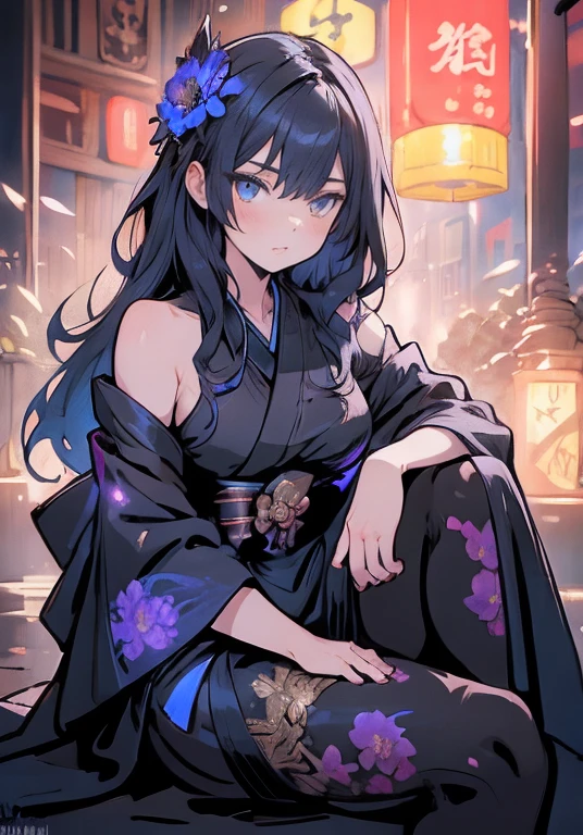 neon light, a beautiful girl wearing intricate detailed black kimono holding an iridescence glowing katana, made of liquid metal, in a fantasy art style, with long dark blue hair, sitting on the ground covered in bioluminescence floral, with a highly detailed face and beautiful eyes in the style of WLOP and Krenz Cushart, Artgerm, j.c leyendecker, Greg Rutkowski, Alphonse Mucha, with a hyper realistic, cinematic lighting
