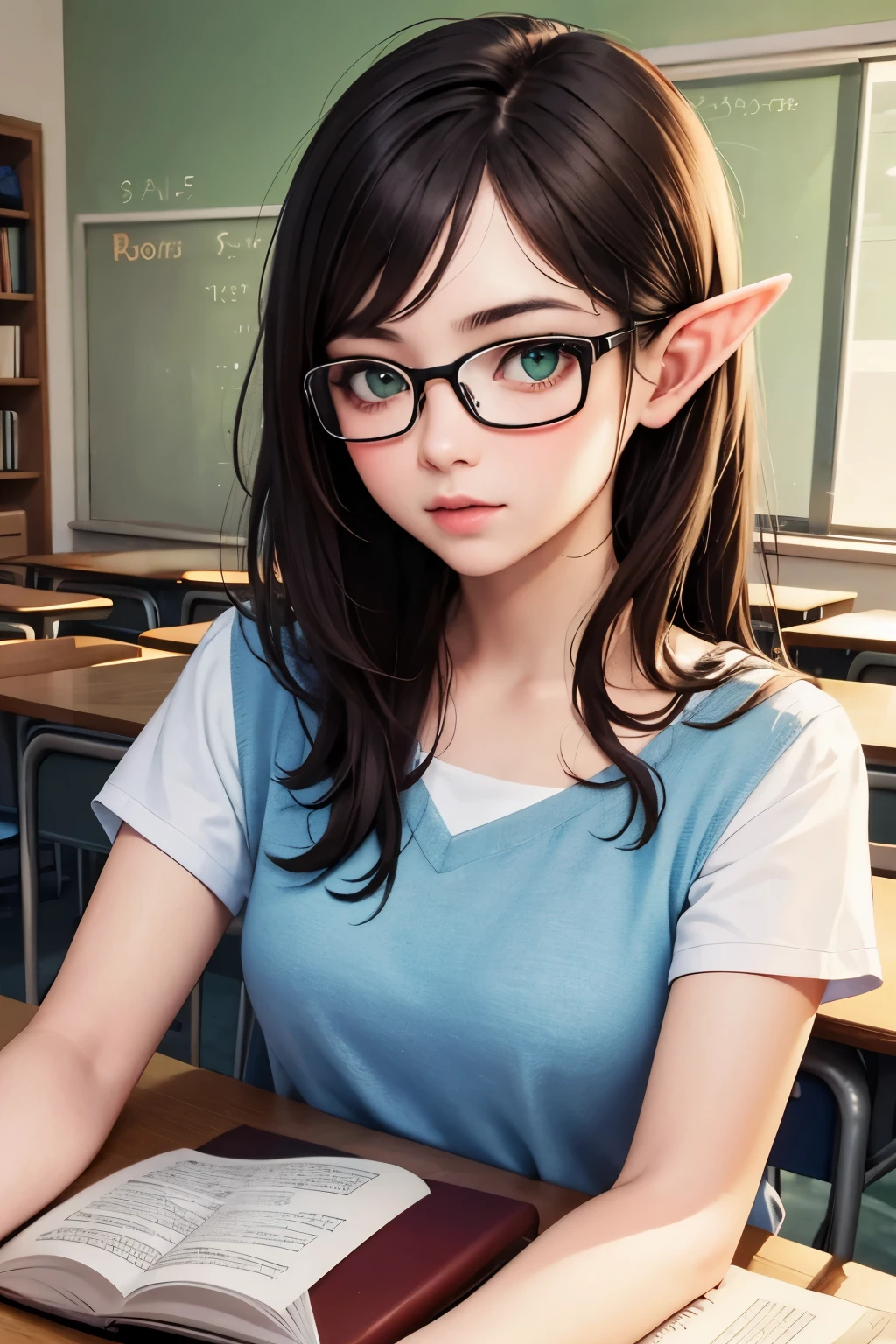 ((best quality)), ((masterpiece)), (detailed), perfect face, brown hair, long hair, elf ears, glasses, green eyes, teacher, in classroom, book in hand