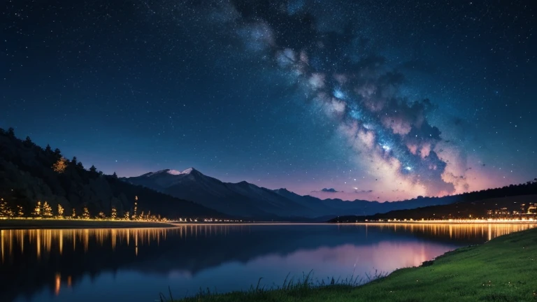 masterpiece, highest quality, High resolution，Anime Style、Bright night sky、lake