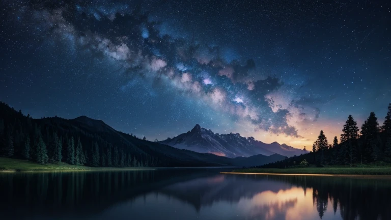 masterpiece, highest quality, High resolution,Anime Style、Bright night sky、lake