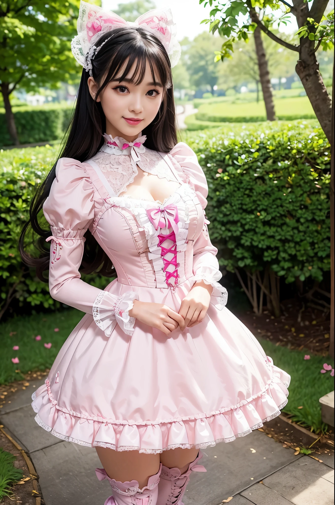 sexy stylish Thai model, only 1 female, ((doll-like appearance)), long neon pink stylish hair, ((very detailed Victorian-Style boots)), (big smile), ultra detailed eyes, very detailed eye makeup, lipgloss, long lashes, defined eyebrows, ((sexy Sweet Lolita cosplay)), bell-shaped skirt, petticoats, high neckline, puffed sleeves, ((ultra detailed lace)), ((ultra detailed embroidery)), intricate details, animals, fairy tales, heart-shaped bag, Sweet Lolita accessoires, large bow, Sweet Lolita choker, ((large sparkling Sweet Lolita jewelry)), cinematic light, detailed large park background with trees 