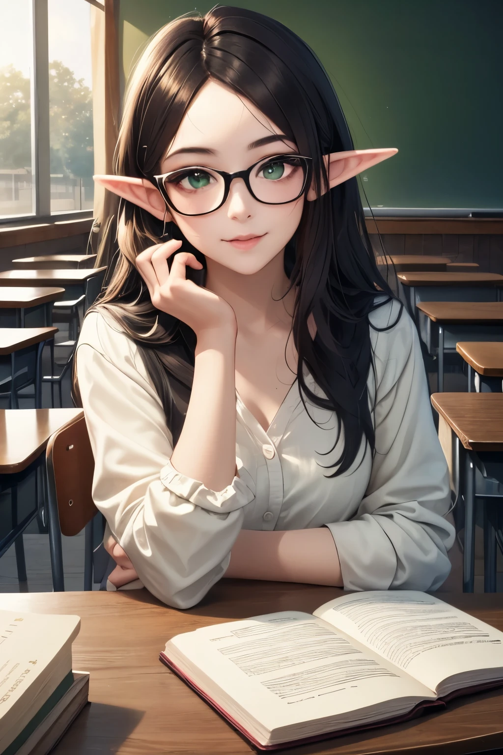 ((best quality)), ((masterpiece)), (detailed), perfect face, brown hair, long hair, elf ears, glasses, green eyes, teacher, in classroom, book in hand