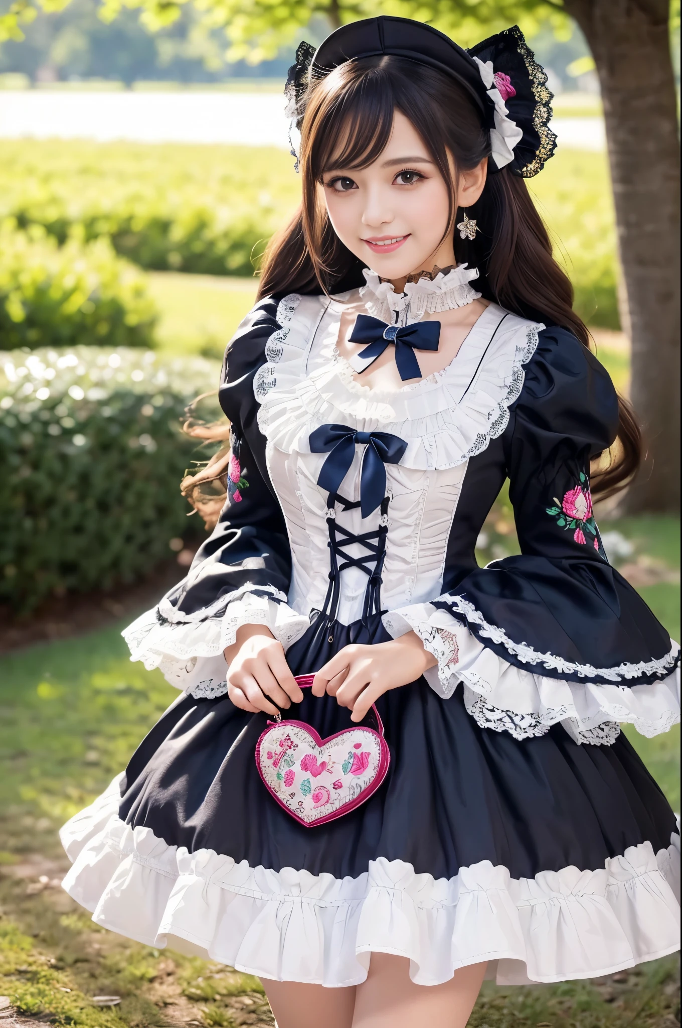sexy stylish Brazilian model, only 1 female, ((doll-like appearance)), long natural stylish hair, ((very detailed Victorian-Style boots)), (big smile), ultra detailed eyes, very detailed eye makeup, lipgloss, long lashes, defined eyebrows, ((sexy Sweet ta cosplay)), bell-shaped skirt, petticoats, high neckline, puffed sleeves, ((ultra detailed lace)), ((ultra detailed embroidery)), intricate details, animals, fairy tales, heart-shaped bag, Sweet Loliccessoires, large bow, Sweet Lolita cr, ((large sparkling Sweet Lolita jewel, cinematic light, detailed large park background with trees