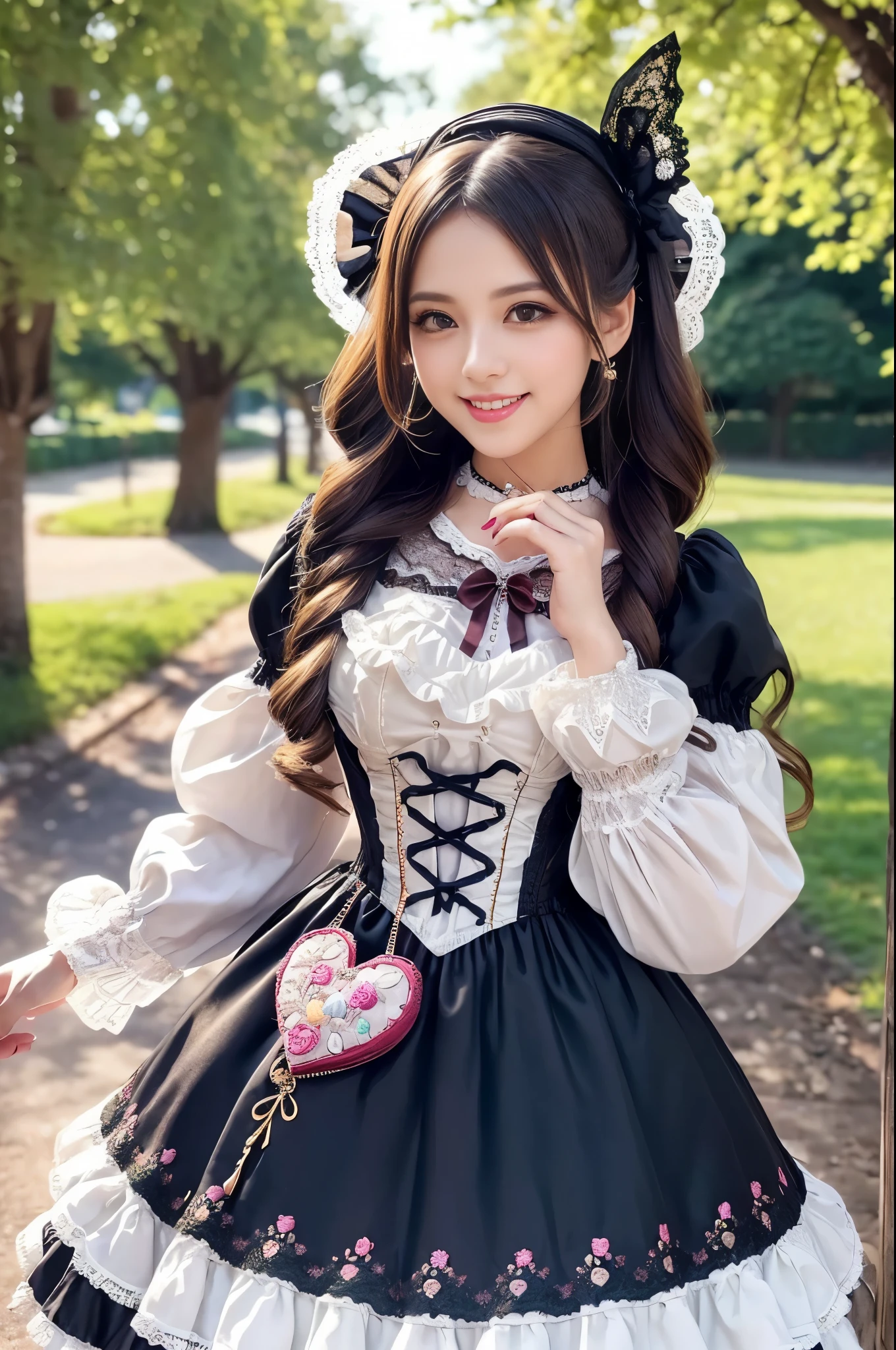 sexy stylish Brazilian model, only 1 female, ((doll-like appearance)), long natural stylish hair, ((very detailed Victorian-Style boots)), (big smile), ultra detailed eyes, very detailed eye makeup, lipgloss, long lashes, defined eyebrows, ((sexy Sweet ta cosplay)), bell-shaped skirt, petticoats, high neckline, puffed sleeves, ((ultra detailed lace)), ((ultra detailed embroidery)), intricate details, animals, fairy tales, heart-shaped bag, Sweet Loliccessoires, large bow, Sweet Lolita cr, ((large sparkling Sweet Lolita jewel, cinematic light, detailed large park background with trees