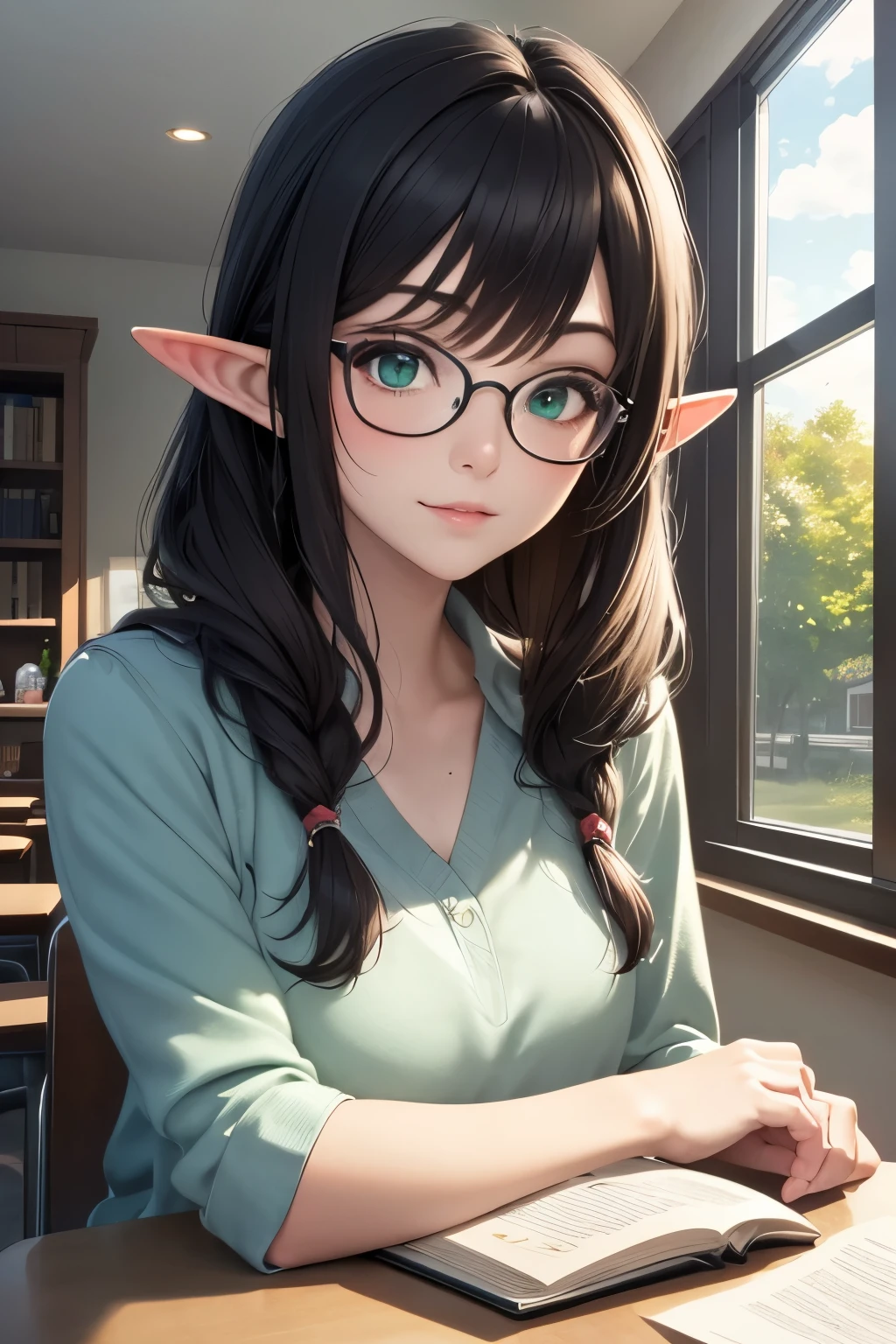 ((best quality)), ((masterpiece)), (detailed), perfect face, brown hair, long hair, short elf ears, glasses, green eyes, teacher, in classroom, book in hand
