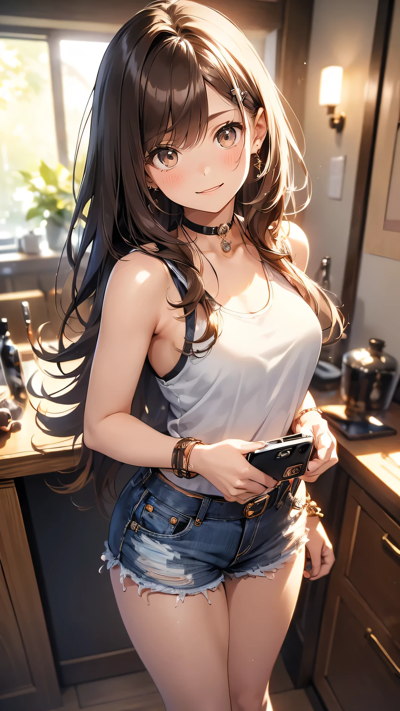 (masterpiece, best quality, ultra-detailed, highres, 4k),(beautiful detailed eyes),(very detailed face),(1girl),HDR,long hair, shorts, phone, brown eyes, brown hair, cellphone, bracelet, tank top, jewelry, watch, lips, solo focus, nail polish, blurry background, smile, wristwatch, realistic, blurry, looking at viewer