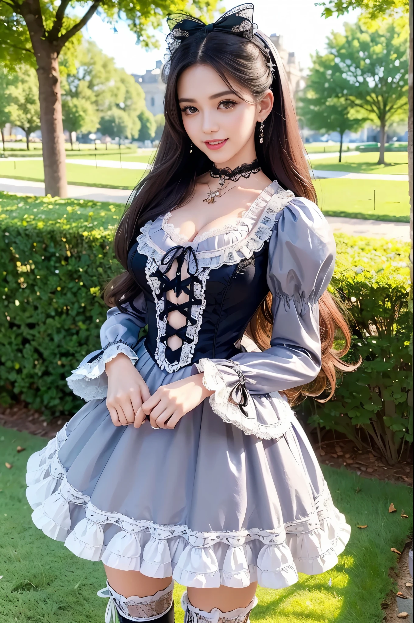 sexy stylish Brazilian model, only 1 female, ((doll-like appearance)), long natural stylish hair, ((very detailed Victorian-Style boots)), (big smile), ultra detailed eyes, very detailed eye makeup, lipgloss, long lashes, defined eyebrows, ((sexy Sweet Lolita cosplay)), bell-shaped skirt, petticoats, high neckline, puffed sleeves, ((ultra detailed lace)), ((ultra detailed embroidery)), intricate details, animals, fairy tales, heart-shaped bag, Sweet Lolita accessoires, large bow, Sweet Lolita choker, ((large sparkling Sweet Lolita jewelry)), cinematic light, detailed large park background with trees 