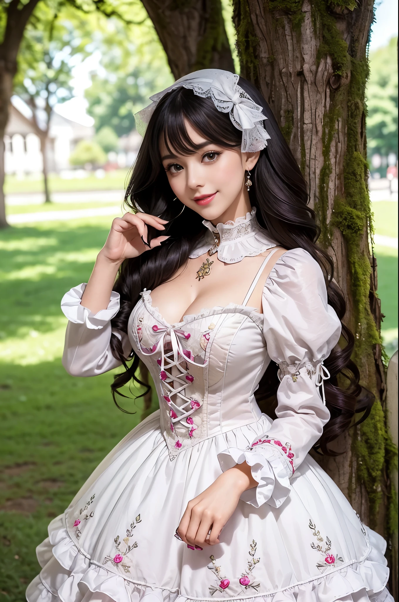 sexy stylish Brazilian model, only 1 female, ((doll-like appearance)), long natural stylish hair, ((very detailed Victorian-Style boots)), (big smile), ultra detailed eyes, very detailed eye makeup, lipgloss, long lashes, defined eyebrows, ((sexy Sweet Lolita cosplay)), bell-shaped skirt, petticoats, high neckline, puffed sleeves, ((ultra detailed lace)), ((ultra detailed embroidery)), intricate details, animals, fairy tales, heart-shaped bag, Sweet Lolita accessoires, large bow, Sweet Lolita choker, ((large sparkling Sweet Lolita jewelry)), cinematic light, detailed large park background with trees 