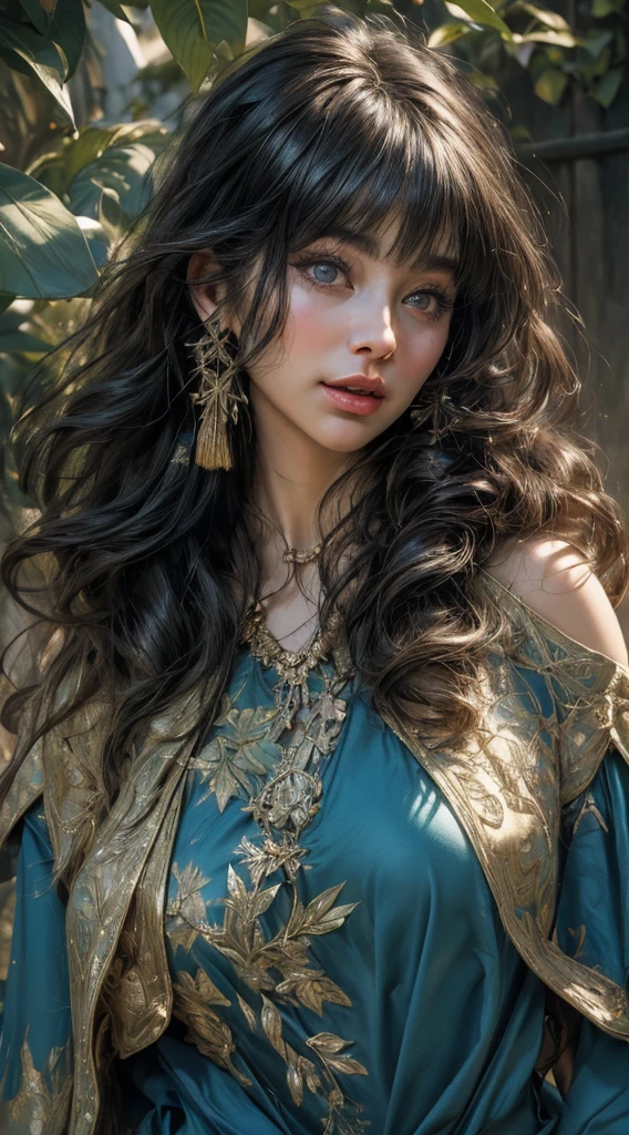 (RAW Photo, Best Quality), (Realistic, Realistic: 1.3), Best Quality, Highly Detailed, Masterpiece, Hyper Detail, Illustration, 1 Girl, upper_body, Dynamic Angle, World Mastery Theater, messy_long_hair, Best Quality, Extremely Detailed CG Uniform 8k Wallpaper, Ink, Breathtaking, Cinematic Light, lens_flare, gufeng_style, Fantastic Big Eyes, blue Clothes, (Heavy makeup: 1.2), exotic, desert, (laughs: 1.2), (gold leaf), monstera, bamboo, scarf floats up, Sony main shot