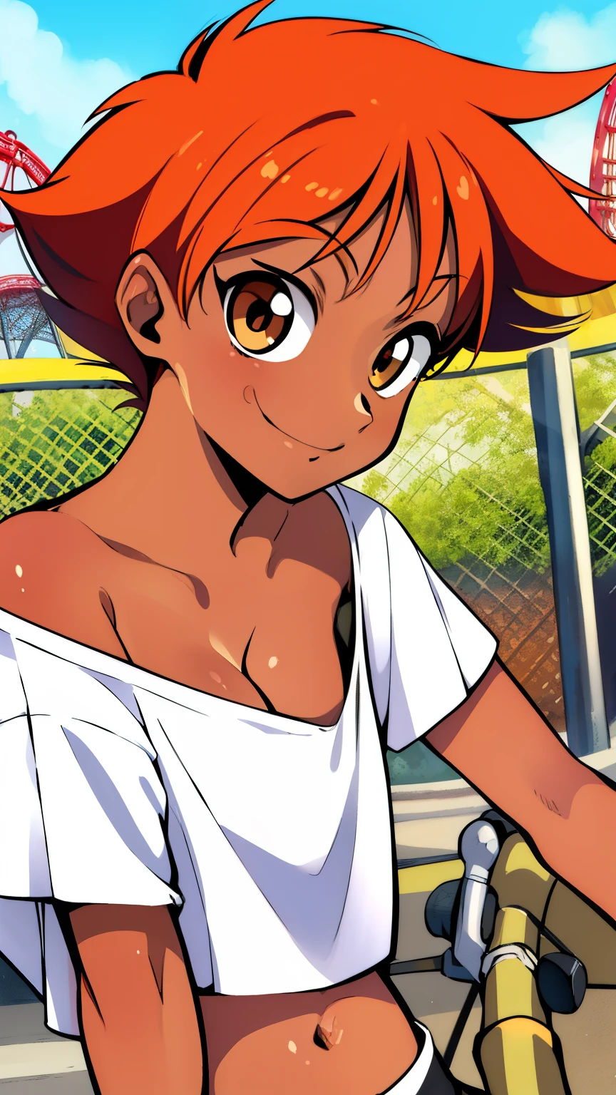 Edward,midriff,orange hair,white shirt,off shoulder,collarbone,tan skin, black bike shorts,goggles, brown eyes, amusement park, day time, upper body,smiling, breasts, cleavage (insanely detailed, beautiful detailed face, masterpiece, best quality),