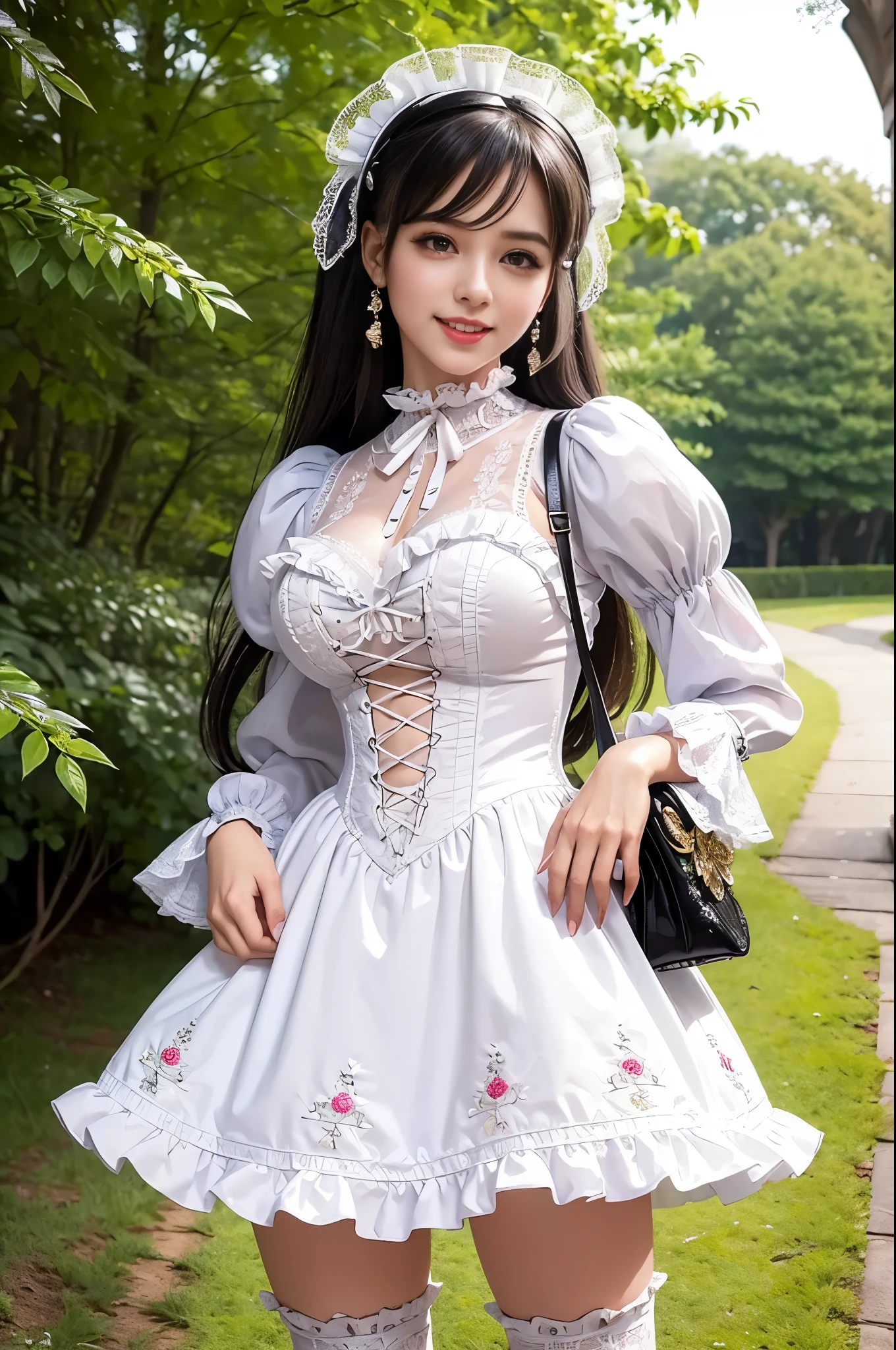 sexy stylish Brazilian model, only 1 female, ((doll-like appearance)), long natural stylish hair, ((very detailed Victorian-Style boots)), (big smile), ultra detailed eyes, very detailed eye makeup, lipgloss, long lashes, defined eyebrows, ((sexy Sweet Lolita cosplay)), bell-shaped skirt, petticoats, high neckline, puffed sleeves, ((ultra detailed lace)), ((ultra detailed embroidery)), intricate details, animals, fairy tales, heart-shaped bag, Sweet Lolita accessoires, large bow, Sweet Lolita choker, ((large sparkling Sweet Lolita jewelry)), cinematic light, detailed large park background with trees