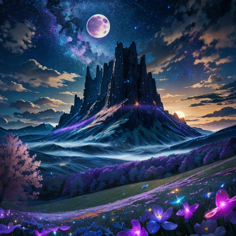 expansive landscape photography, (view from below overlooking the sky and wild nature below), standing in a field of flowers looking up, (full moon: 1.2), (shooting star: 0.9), (nebula: 1.3) , distant mountain, tree break production art, (warm light source: 1.2), (firefly: 1.2), lamp, Purple and Orange, intricate detail, volumetric lighting BREAK (Artwork: 1.2), ( highest quality ), 8k, ultra-detailed, (Dynamic Setting: 1.4), highly detailed and colorful details (Iridescent: 1.2), (bright lighting, atmospheric lighting), dreamy, magical, (Alone: 1.2)
